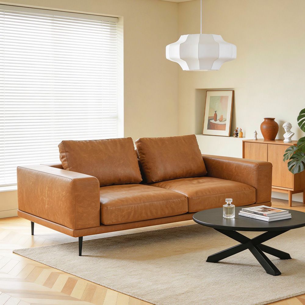 Modern Deep-Seated Sofa, Two-seater, Faux Leather, Brown - Brown PU leather