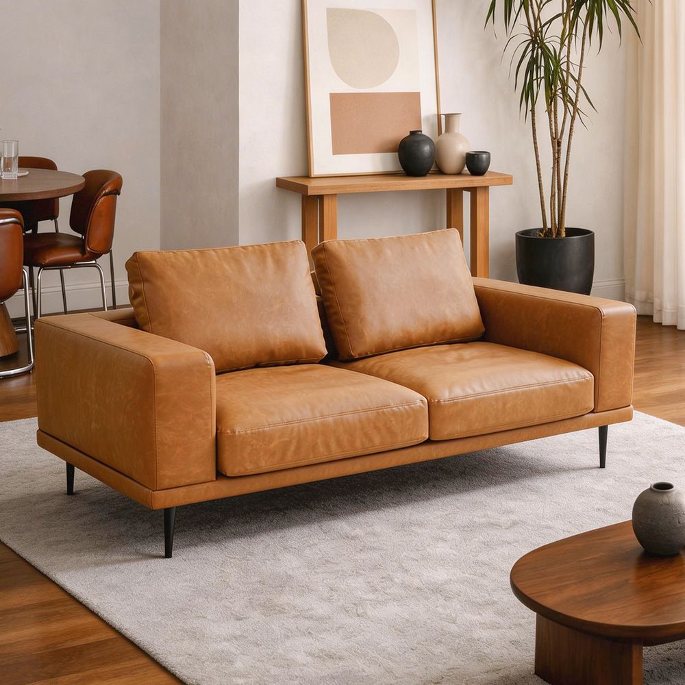 Modern Deep-Seated Sofa, Two-seater, Faux Leather, Brown - Brown PU leather