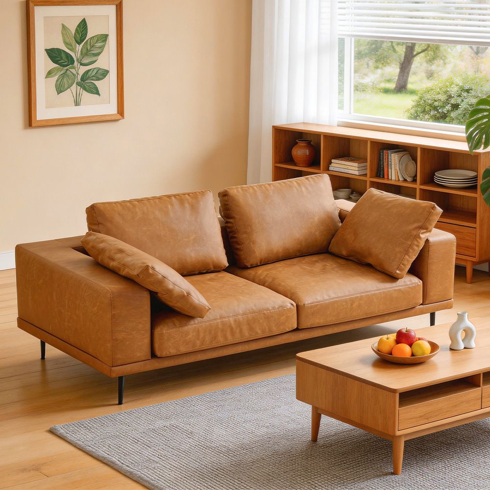 Modern Deep-Seated Sofa, Two-seater, Faux Leather, Brown - Brown PU leather