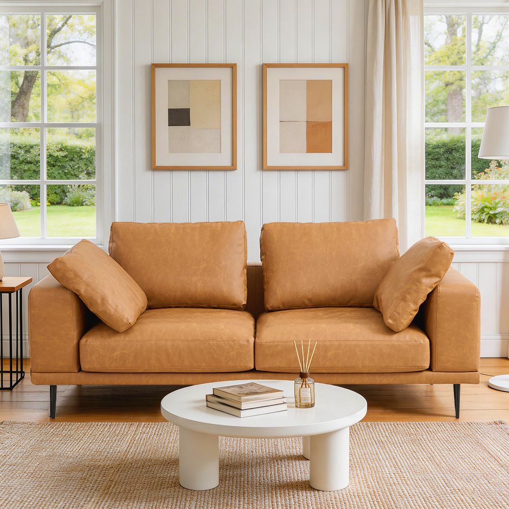 Modern Deep-Seated Sofa, Two-seater, Faux Leather, Brown - Brown PU leather
