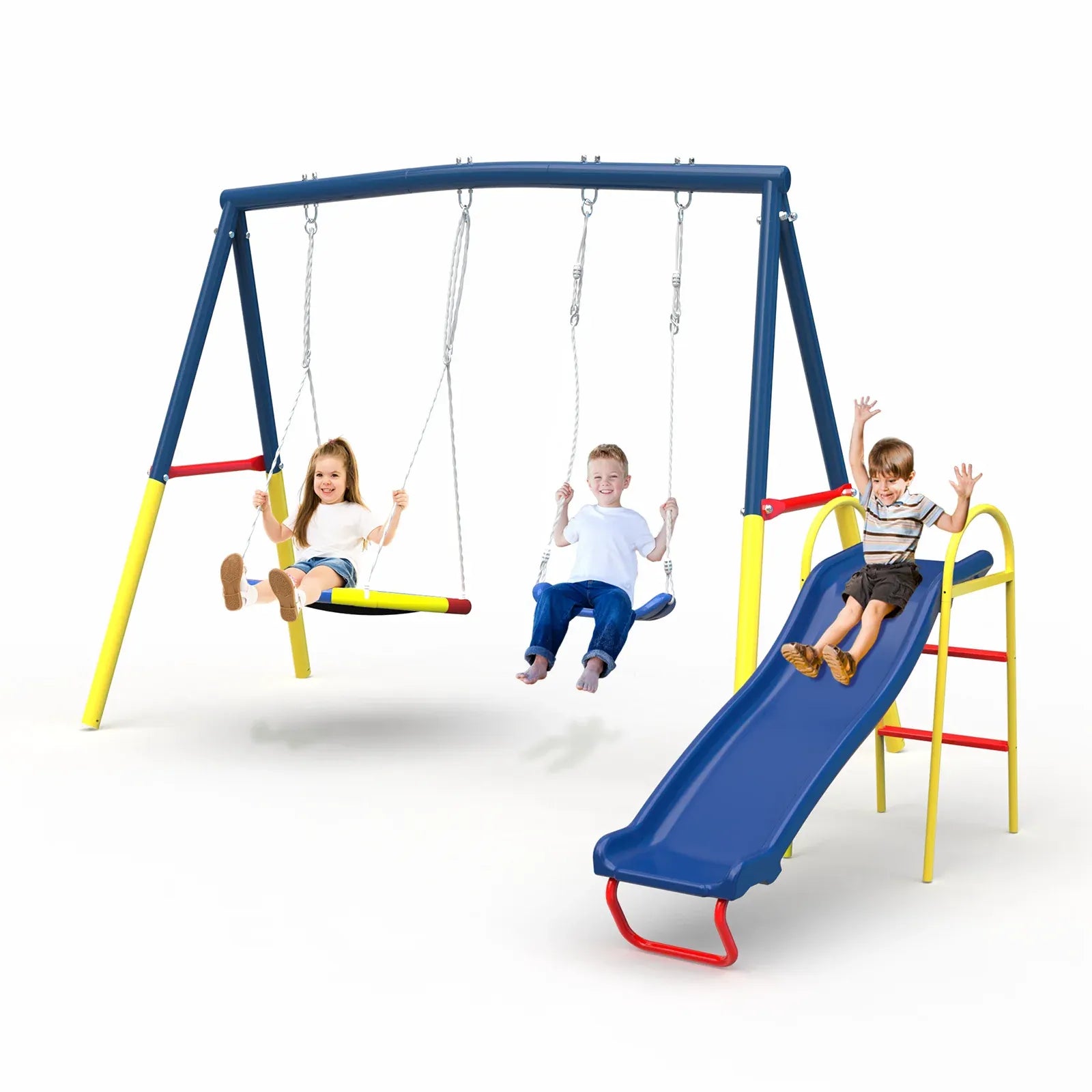 Swing Sets with Kids Slide for Backyard Outdoor, Metal and PE