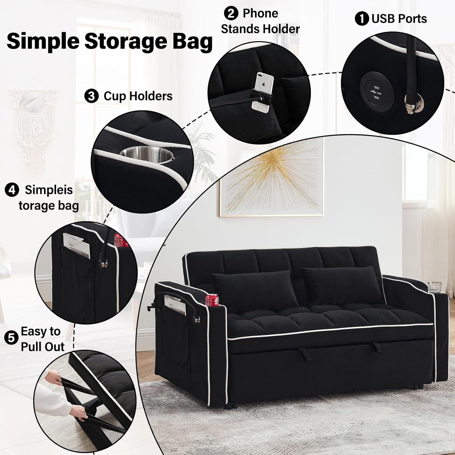 Fashionable Modern and Multi-functional Foldable Velvet Sofa Bed - Light Grey