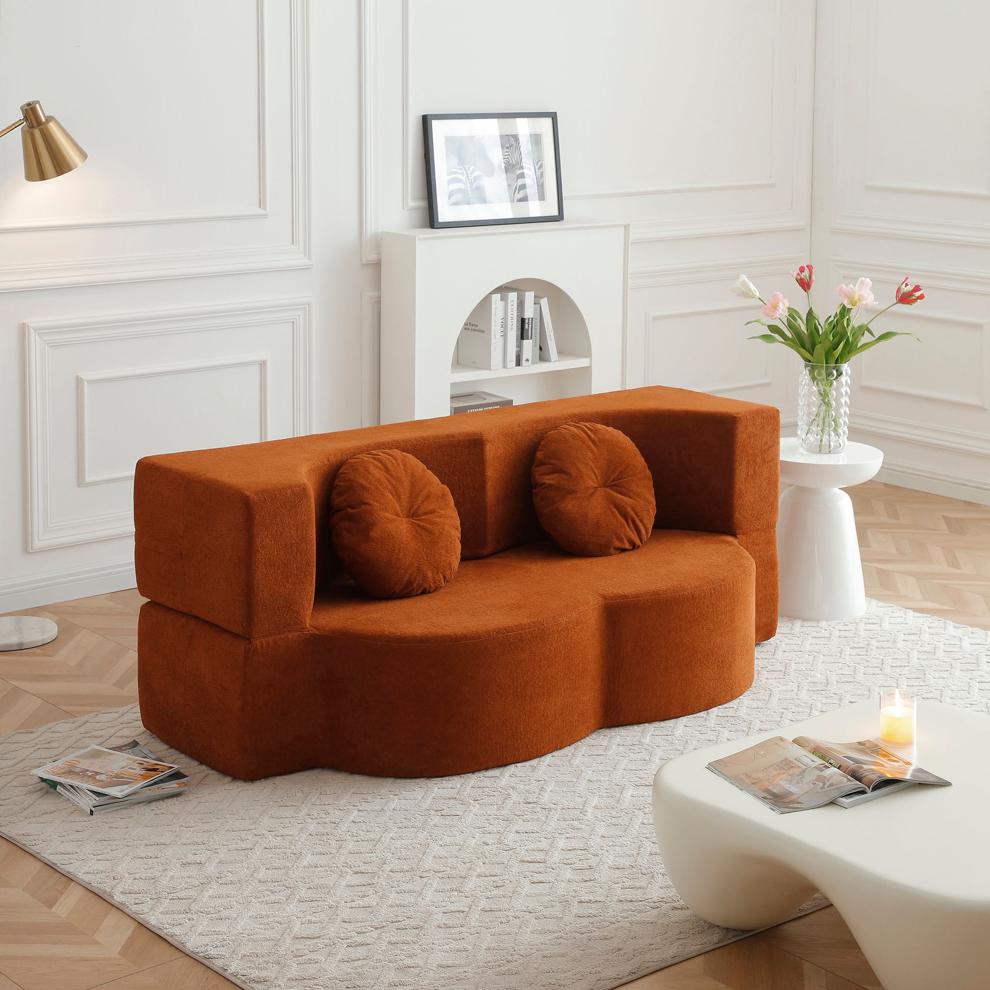 Convertible Folding Sofa Bed / Plush Corduroy Loveseat Couch - Orange