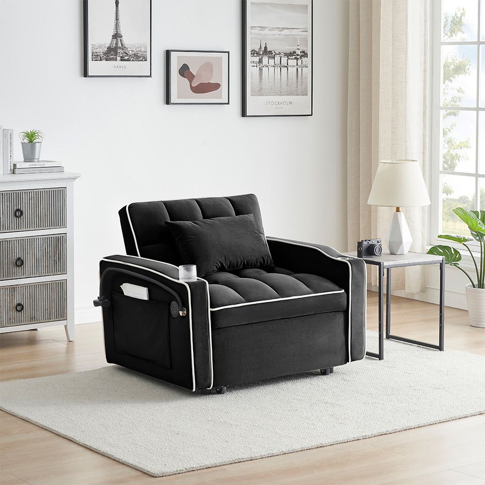 Single-seater sofa bed, equipped with USB ports and a phone holder - Grey