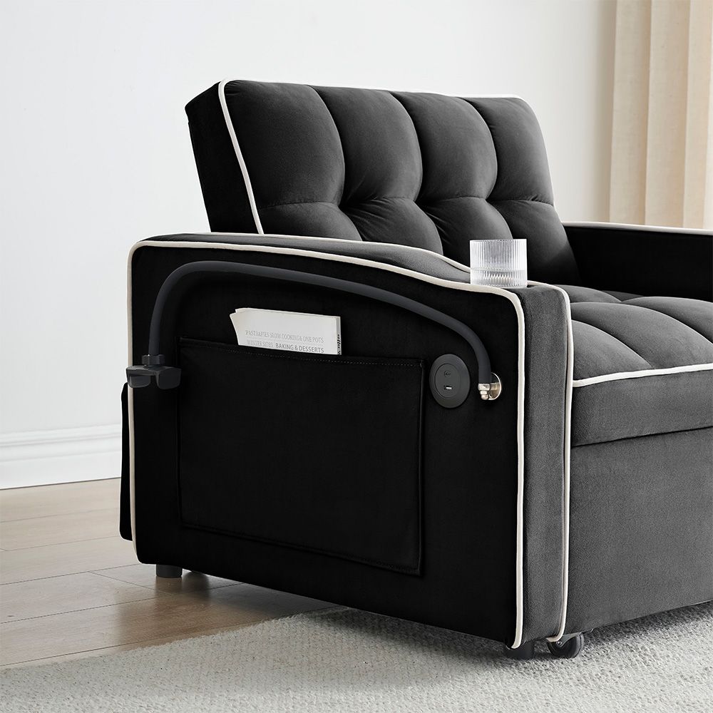 Single-seater sofa bed, equipped with USB ports and a phone holder - Grey