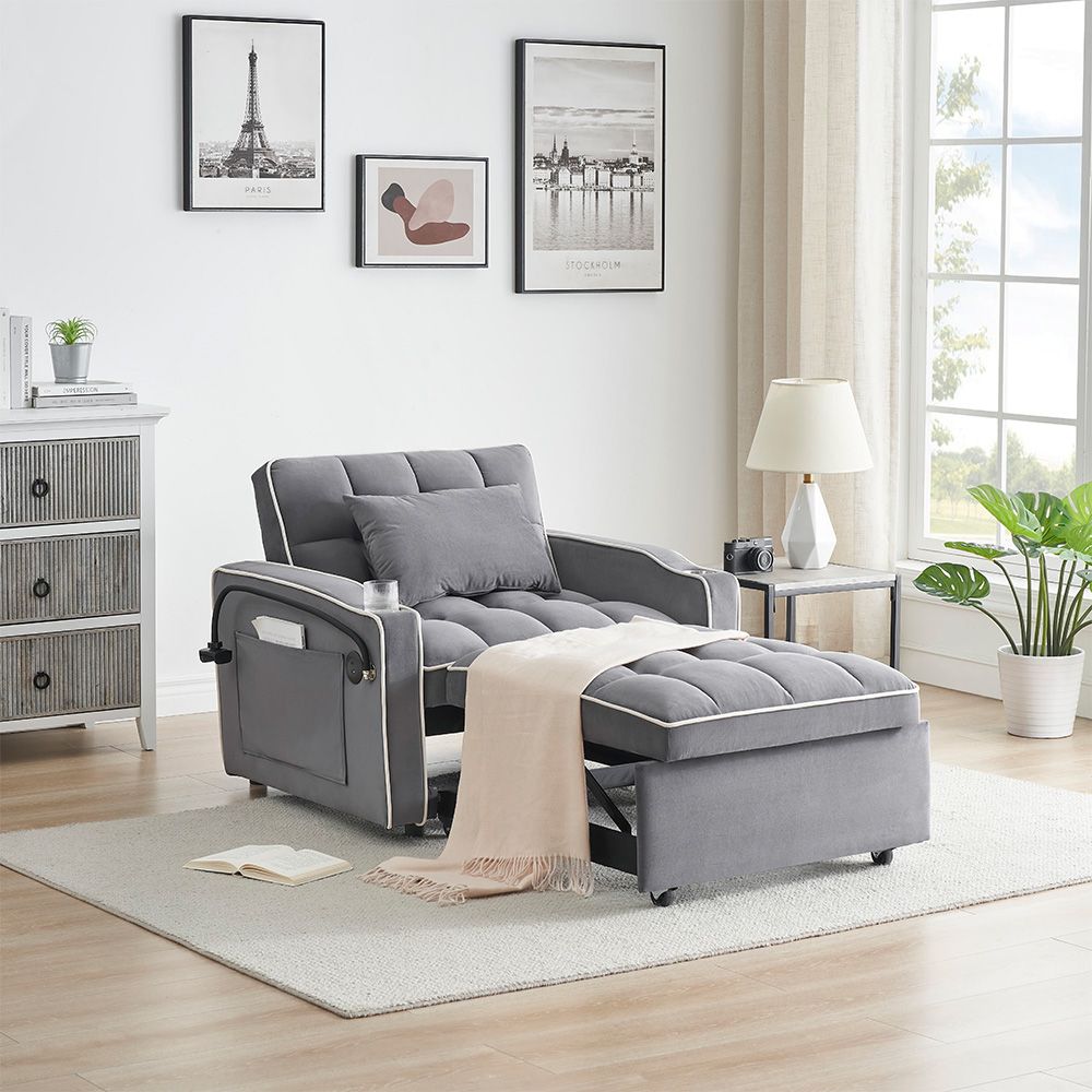 Single-seater sofa bed, equipped with USB ports and a phone holder - Beige