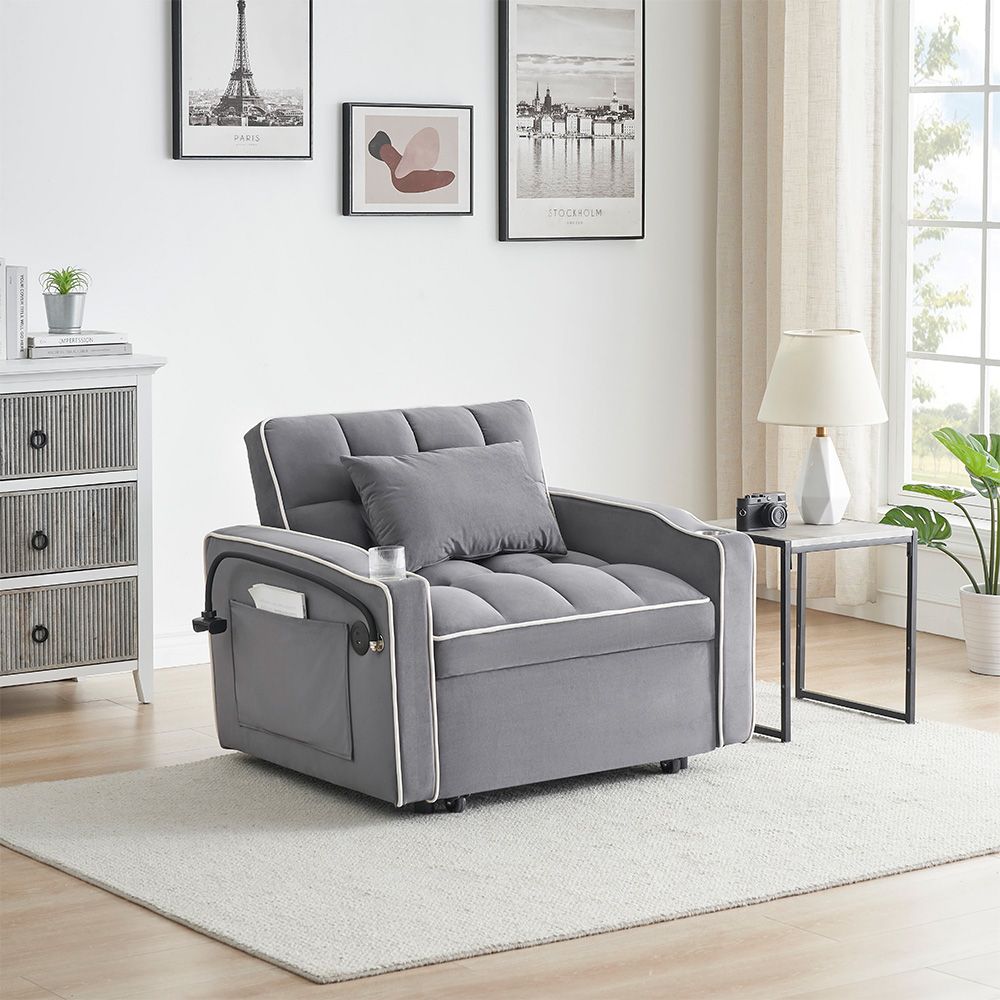 Single-seater sofa bed, equipped with USB ports and a phone holder - Beige