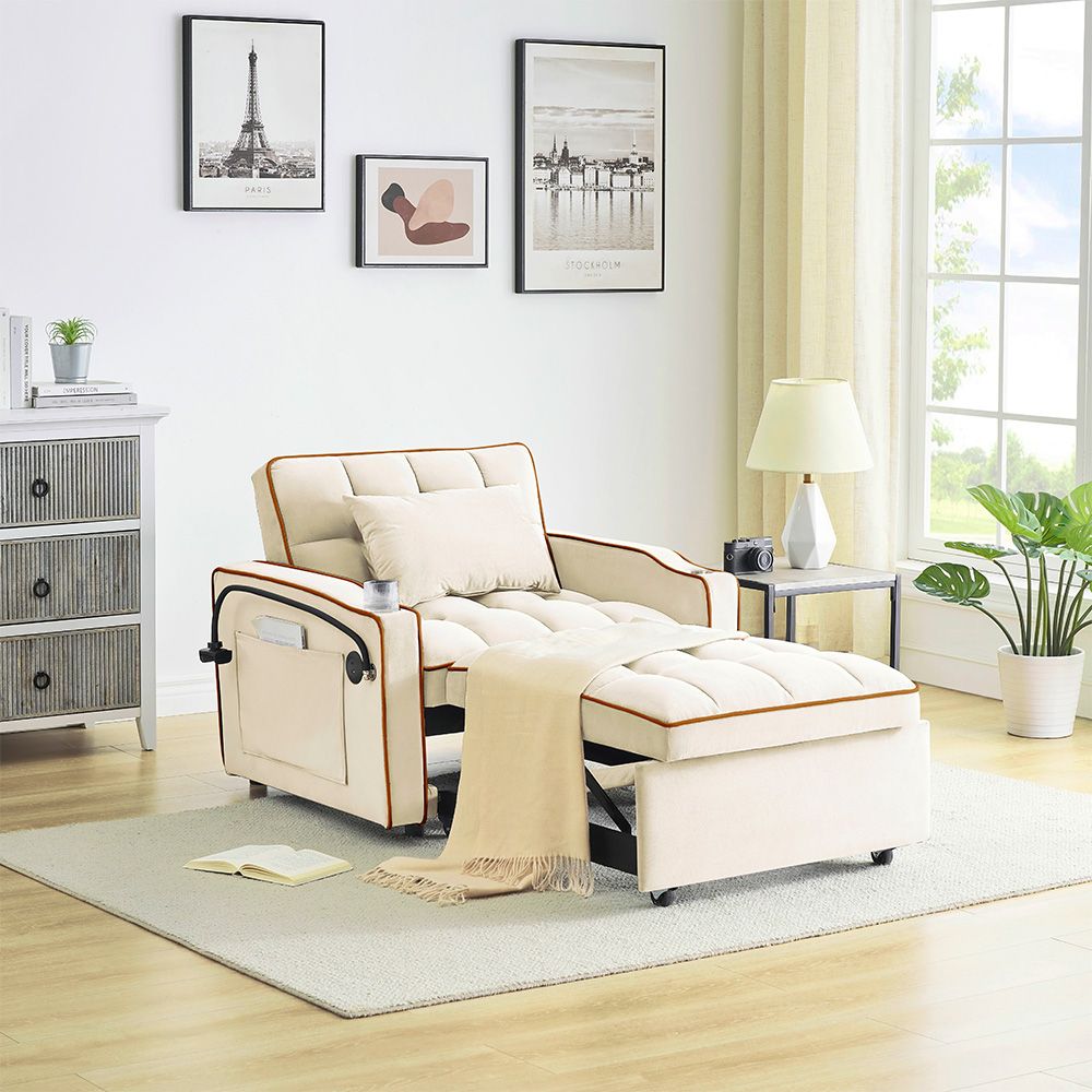Single-seater sofa bed, equipped with USB ports and a phone holder - Beige