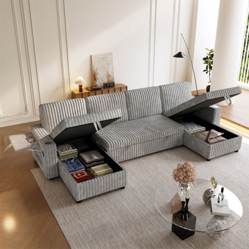 Oversized U Shaped Plush Corduroy Fluffy Sectional Sleeper Sofa - Grey