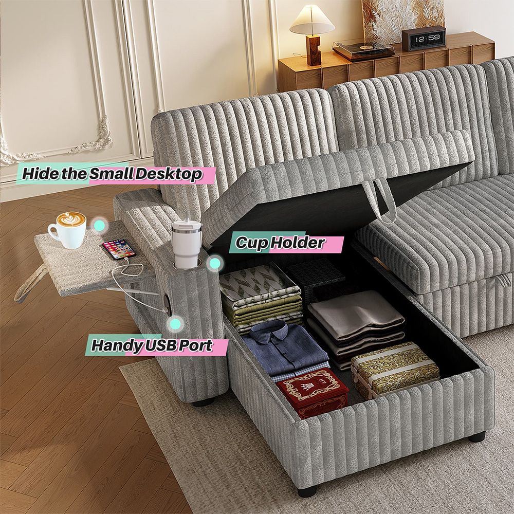Oversized U Shaped Plush Corduroy Fluffy Sectional Sleeper Sofa - Grey
