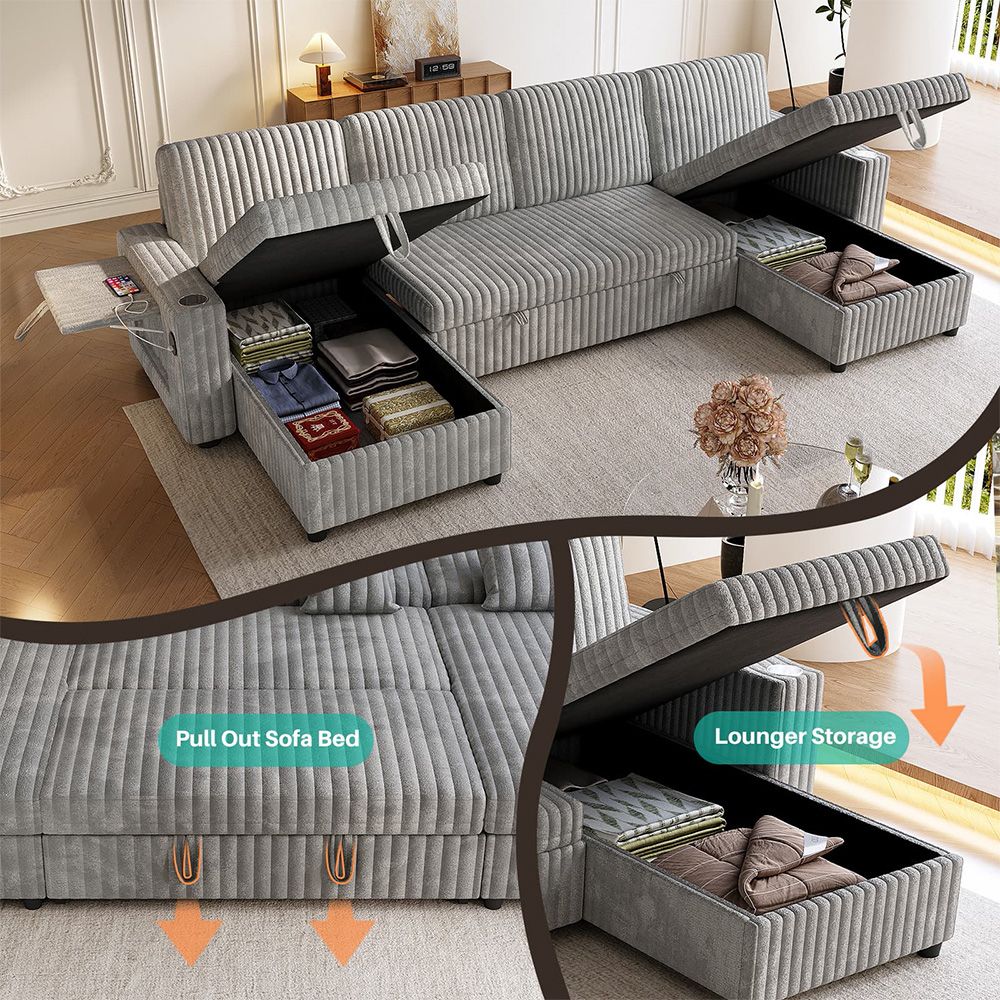 Oversized U Shaped Plush Corduroy Fluffy Sectional Sleeper Sofa - Grey