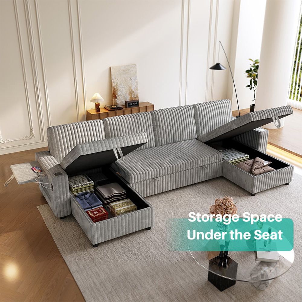 Oversized U Shaped Plush Corduroy Fluffy Sectional Sleeper Sofa - Grey