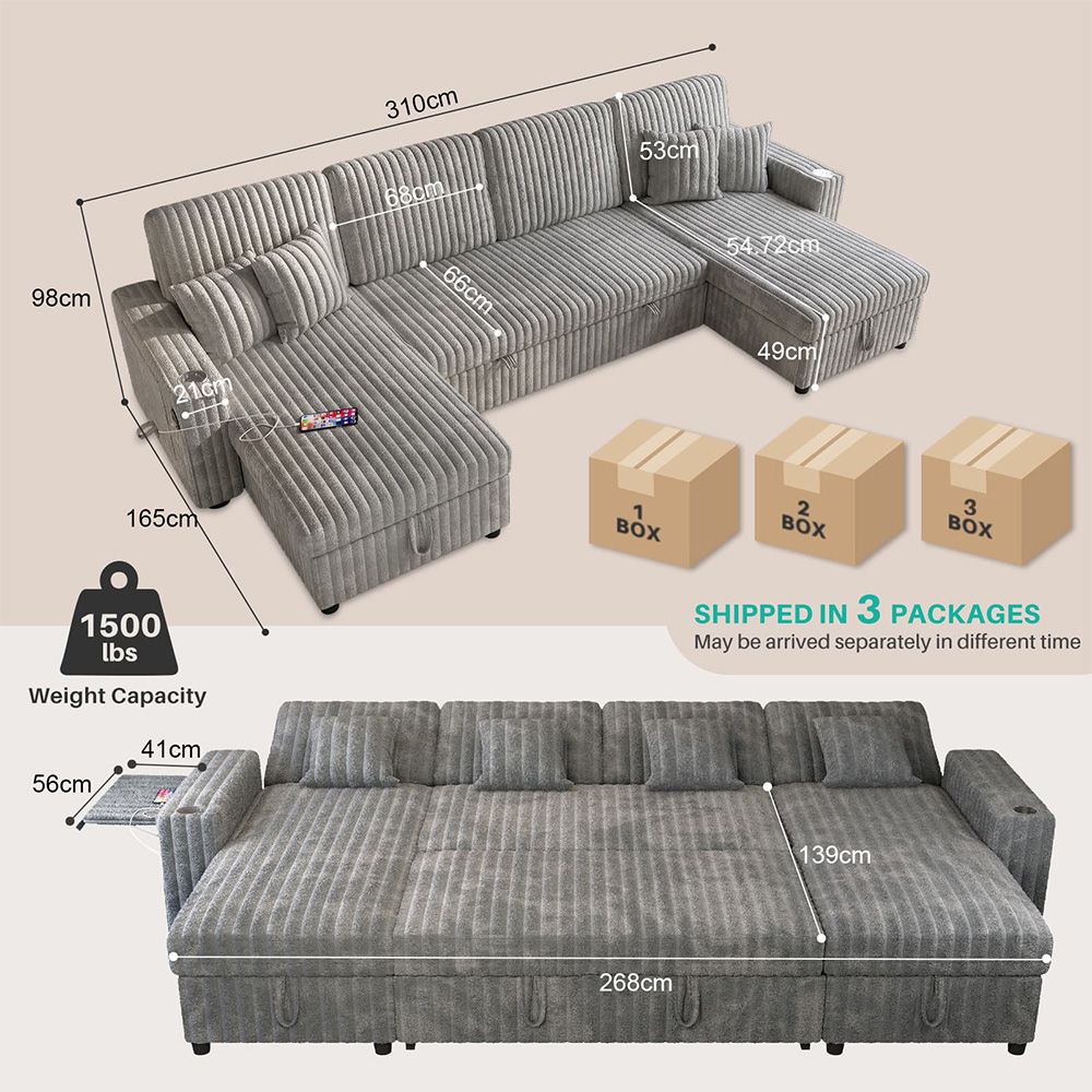 Oversized U Shaped Plush Corduroy Fluffy Sectional Sleeper Sofa - Grey