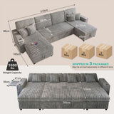 Oversized U Shaped Plush Corduroy Fluffy Sectional Sleeper Sofa - Grey