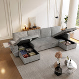 Oversized U Shaped Plush Corduroy Fluffy Sectional Sleeper Sofa - Black