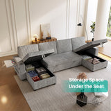 Oversized U Shaped Plush Corduroy Fluffy Sectional Sleeper Sofa - Black