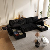Oversized U Shaped Plush Corduroy Fluffy Sectional Sleeper Sofa - Black