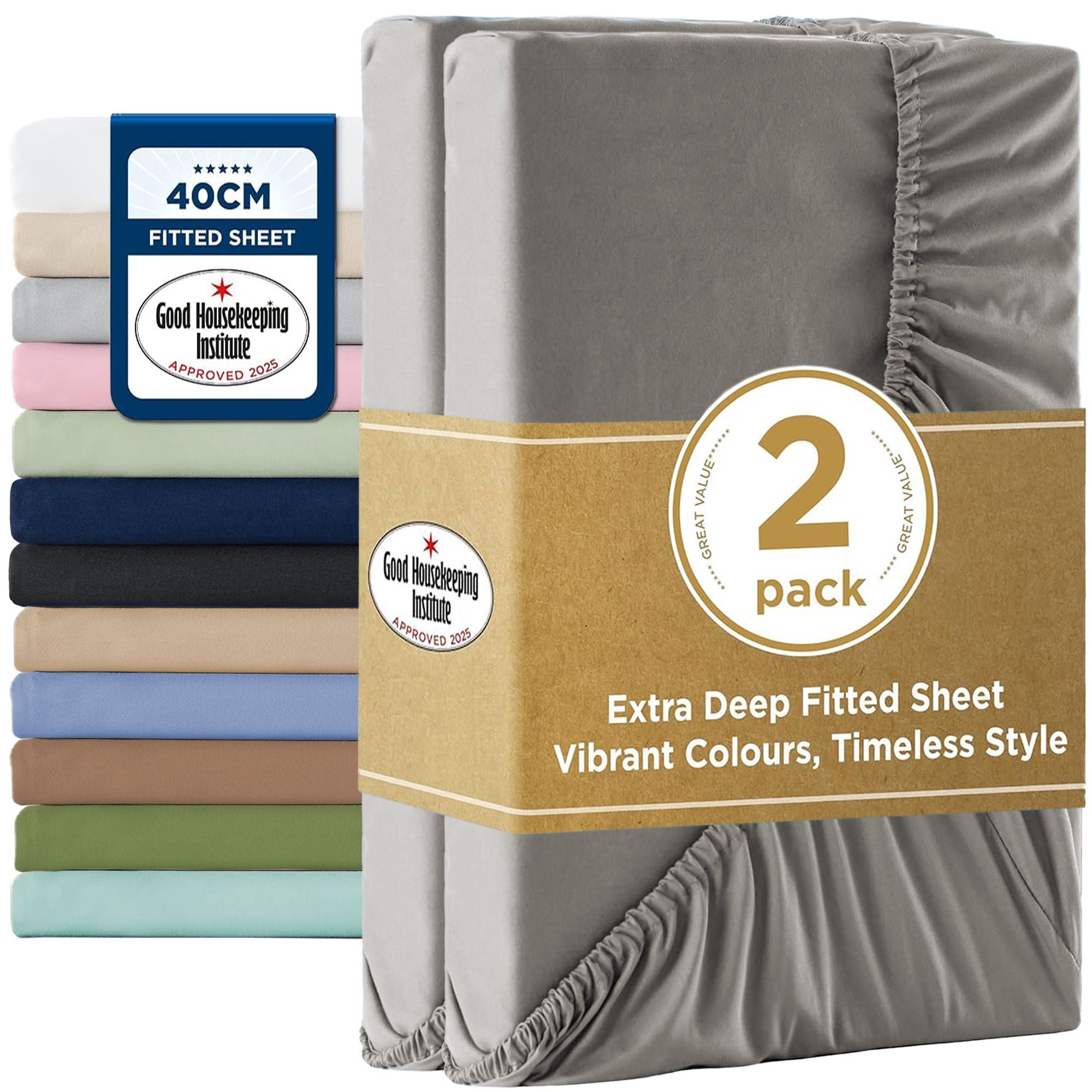 2000TC Hotel Quality Fitted Sheets - 2 Piece Fitted Sheets  -Breathable Bedding - Wrinkle, Fade, Stain Resistant- 16inch/40cm Deep Pocket Fitted Bed Sheets-Wrinkle and Fade Resistant,(Grey,Double)
