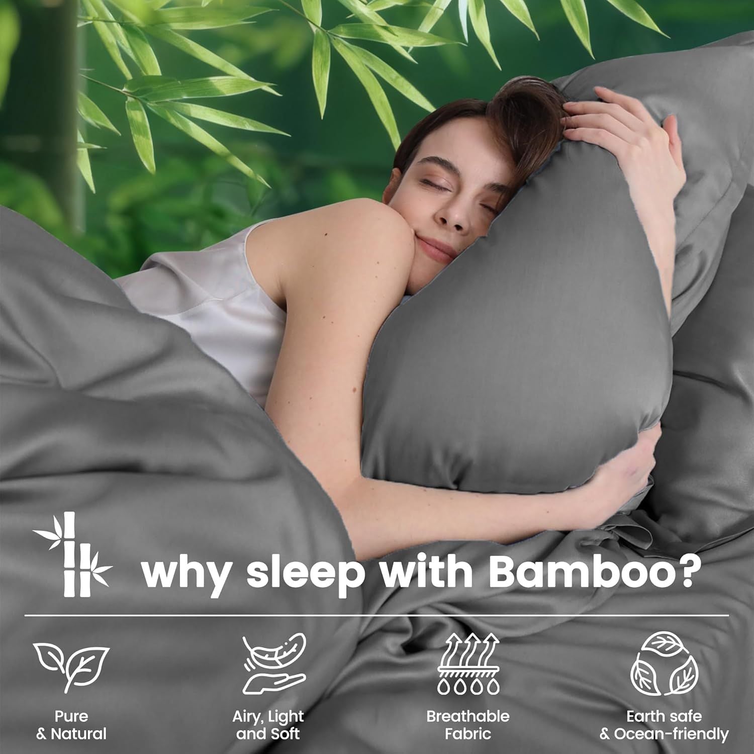 Hotel Breathable Bamboo Fitted Sheet & Pillowcase-3 Piece-Ultra Soft 2000TC Breathable Fitted Bed Sheets Set with 37 Centimetre Deep Pocket-Cooling Sheets for Hot Sleepers(Grey,Double)