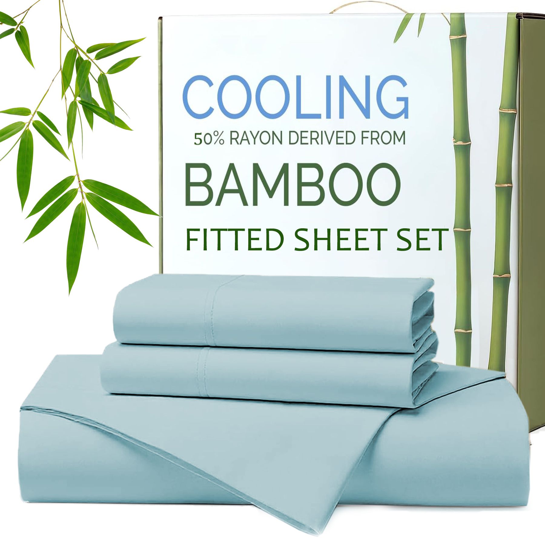 Hotel Breathable Bamboo Fitted Sheet & Pillowcase-3 Piece-Ultra Soft 2000TC Breathable Fitted Bed Sheets Set with 37 Centimetre Deep Pocket-Cooling Sheets for Hot Sleepers(Sky Blue,Double)