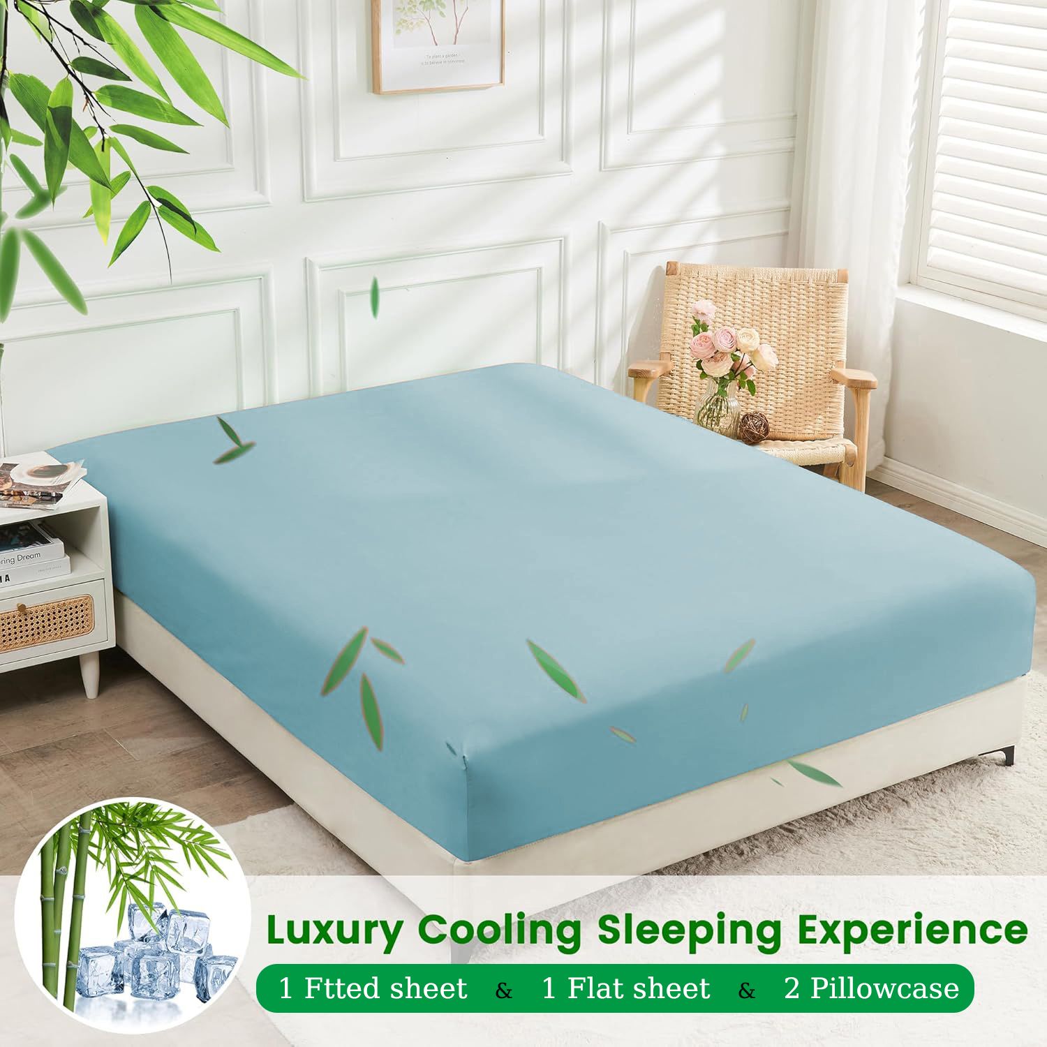 4 Piece Ultra Soft Bamboo Breathable Sheet Set -Hotel 2000TC Breathable Bed Sheets Set with 37 Centimetre Deep Pocket-Breathable Sheets for Hot Sleepers(Sky Blue,Double)