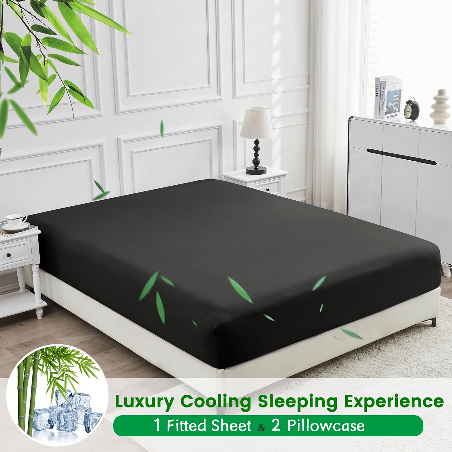 Hotel Breathable Bamboo Fitted Sheet & Pillowcase-3 Piece-Ultra Soft 2000TC Breathable Fitted Bed Sheets Set with 37 Centimetre Deep Pocket-Cooling Sheets for Hot Sleepers(Black,King)