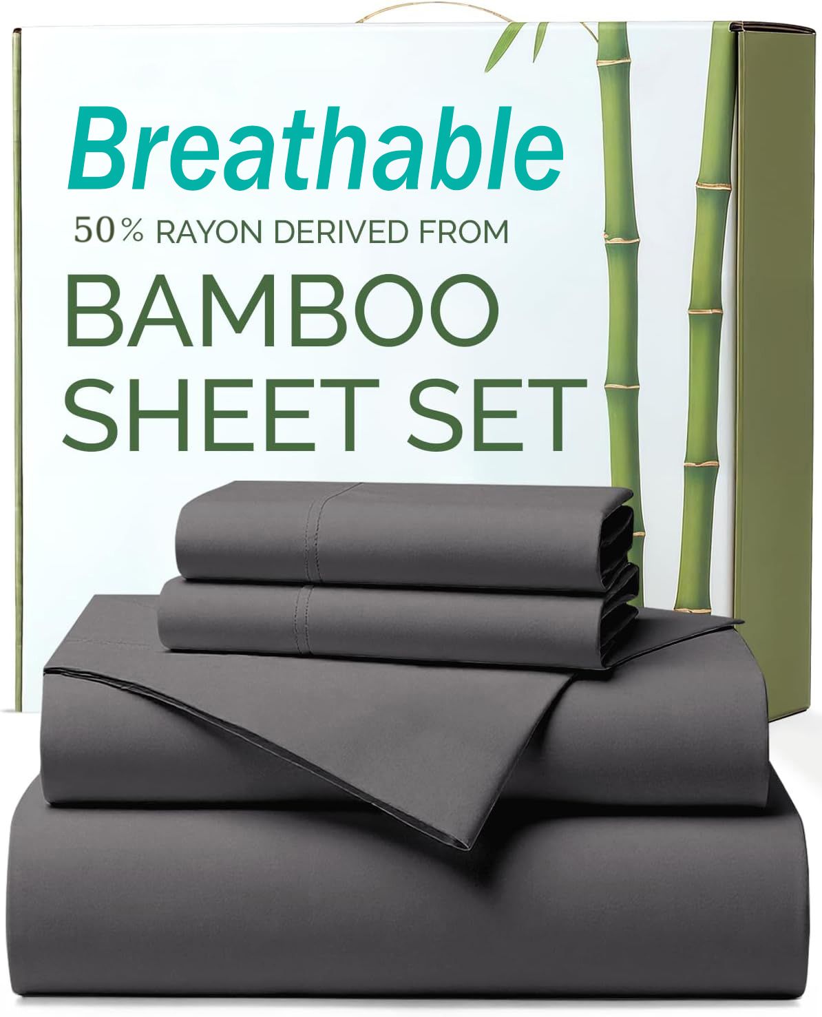 4 Piece Ultra Soft Bamboo Breathable Sheet Set -Hotel 2000TC Breathable Bed Sheets Set with 37 Centimetre Deep Pocket-Breathable Sheets for Hot Sleepers(Grey,King)
