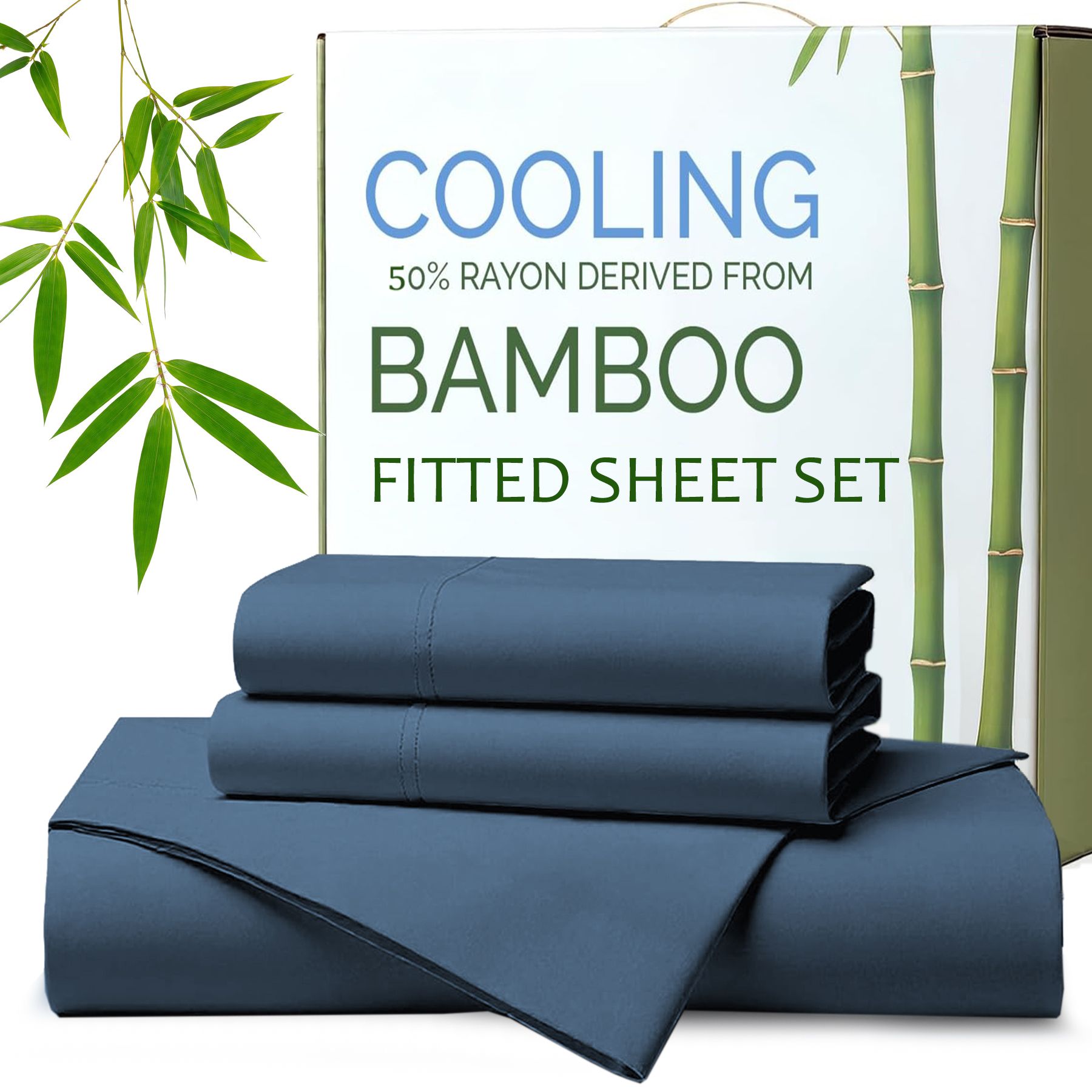 Hotel Breathable Bamboo Fitted Sheet & Pillowcase-2 Piece-Ultra Soft 2000TC Breathable Fitted Bed Sheets Set with 37 Centimetre Deep Pocket-Cooling Sheets for Hot Sleepers(Navy,King Single)