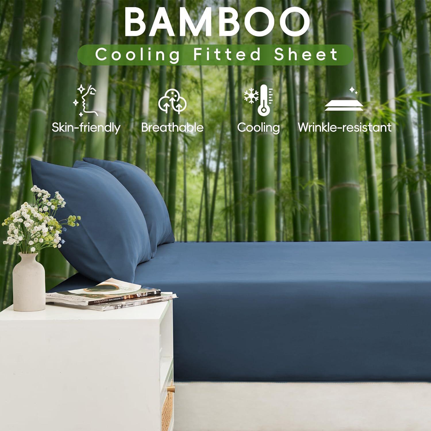 Hotel Breathable Bamboo Fitted Sheet & Pillowcase-2 Piece-Ultra Soft 2000TC Breathable Fitted Bed Sheets Set with 37 Centimetre Deep Pocket-Cooling Sheets for Hot Sleepers(Navy,King Single)