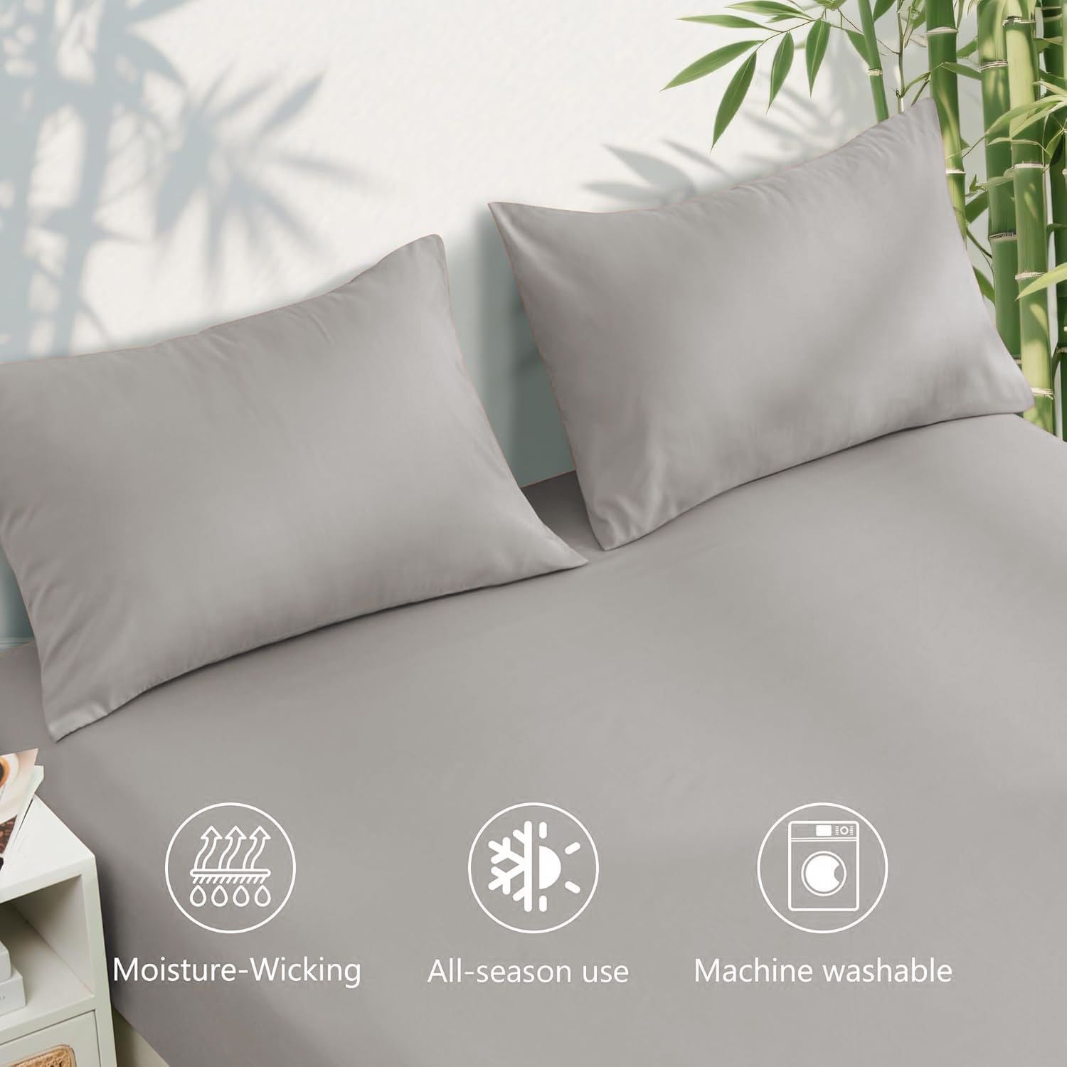 Hotel Breathable Bamboo Fitted Sheet & Pillowcase-2 Piece-Ultra Soft 2000TC Breathable Fitted Bed Sheets Set with 37 Centimetre Deep Pocket-Cooling Sheets for Hot Sleepers(Silver-gray,King Single)