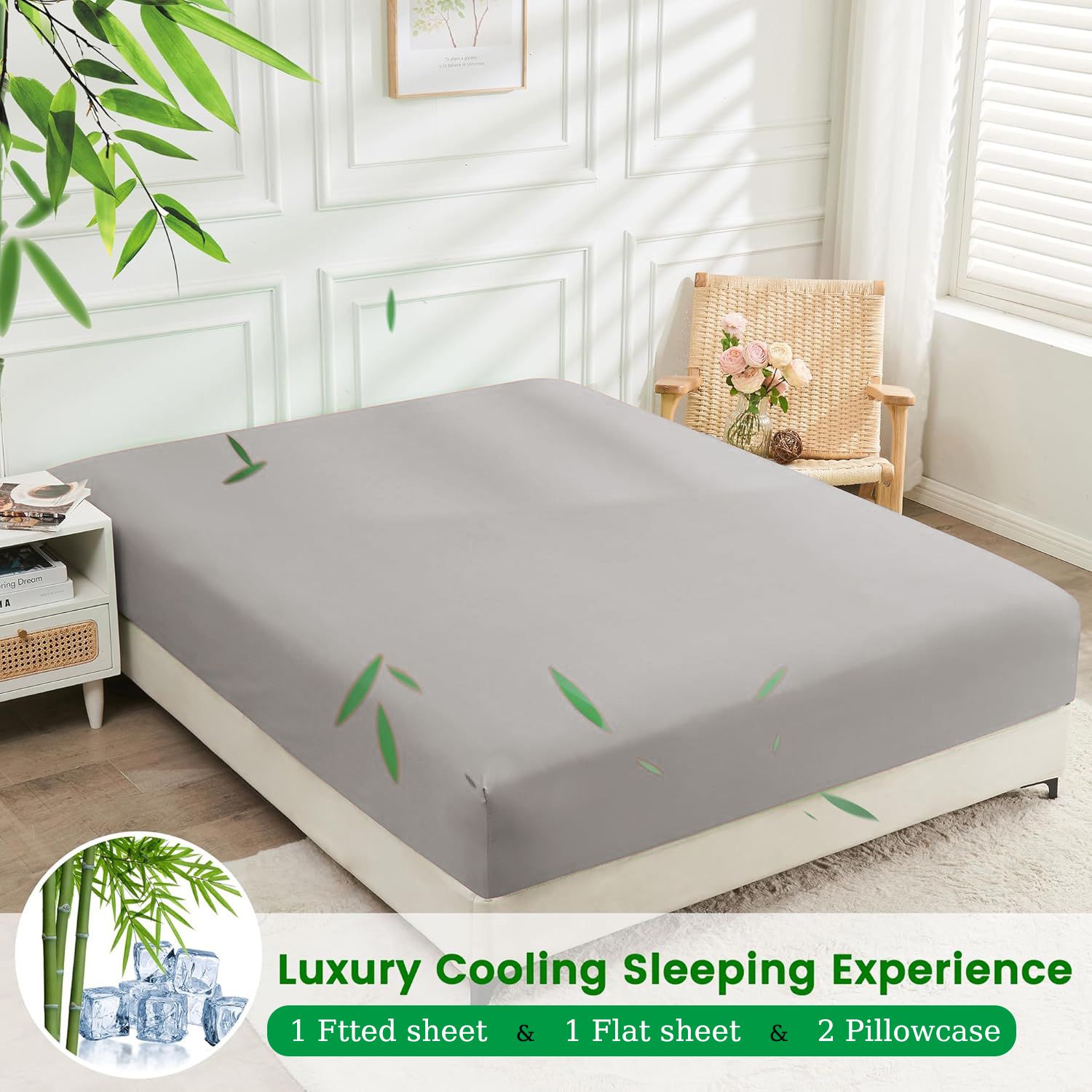Hotel Breathable Bamboo Fitted Sheet & Pillowcase-2 Piece-Ultra Soft 2000TC Breathable Fitted Bed Sheets Set with 37 Centimetre Deep Pocket-Cooling Sheets for Hot Sleepers(Silver-gray,King Single)