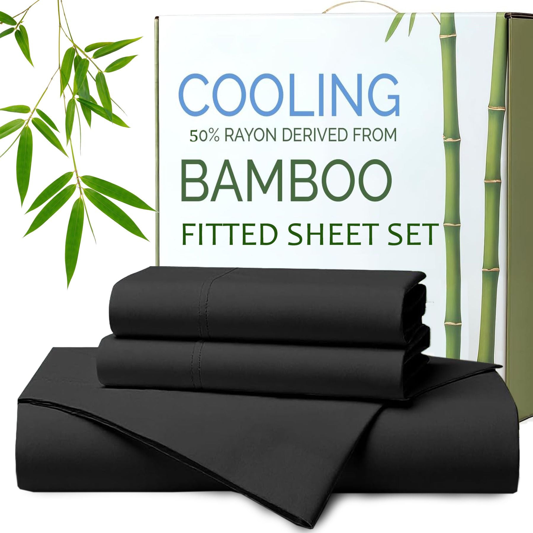 Hotel Breathable Bamboo Fitted Sheet & Pillowcase-3 Piece-Ultra Soft 2000TC Breathable Fitted Bed Sheets Set with 37 Centimetre Deep Pocket-Cooling Sheets for Hot Sleepers(Black,Queen)
