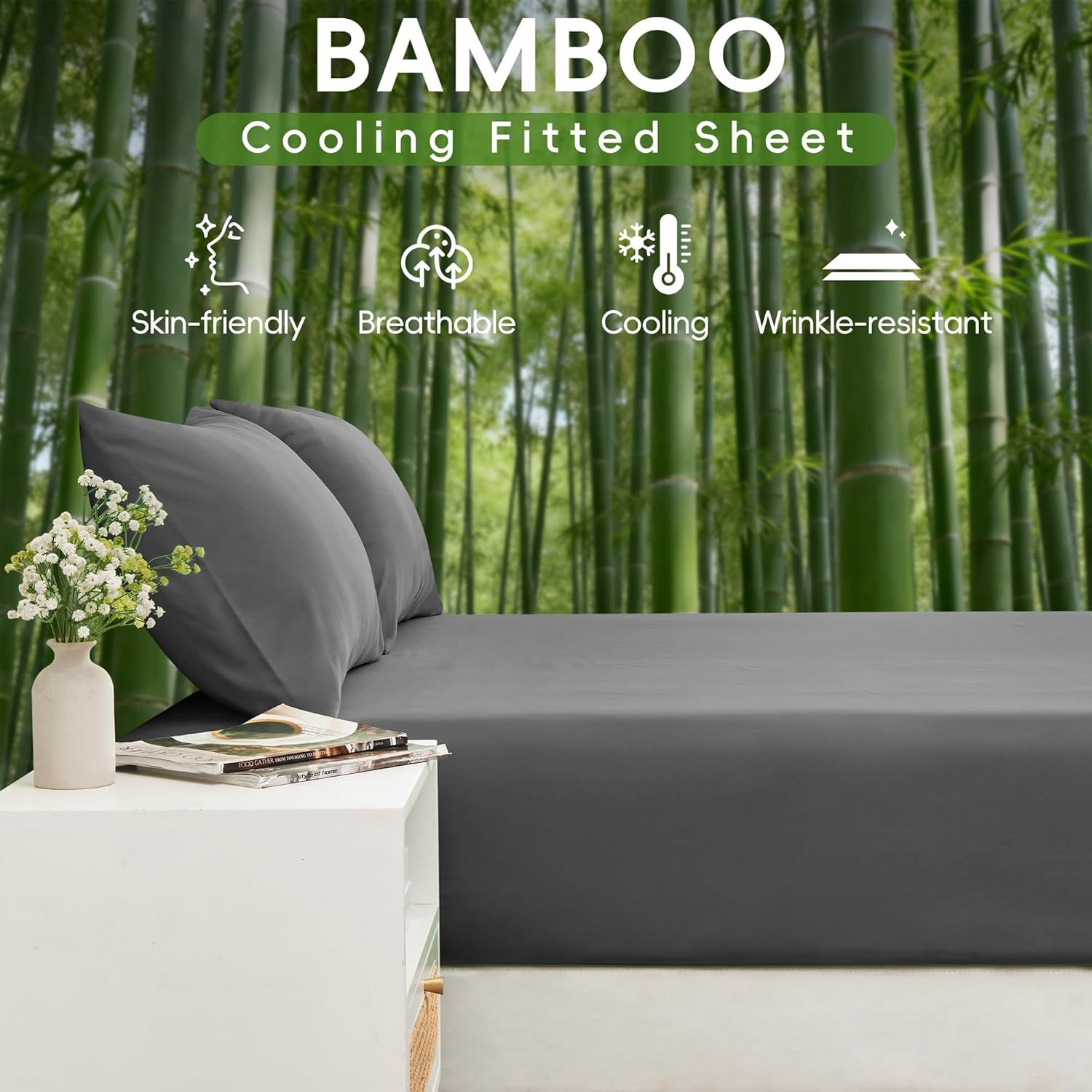 Hotel Breathable Bamboo Fitted Sheet & Pillowcase-3 Piece-Ultra Soft 2000TC Breathable Fitted Bed Sheets Set with 37 Centimetre Deep Pocket-Cooling Sheets for Hot Sleepers(Grey,Queen)