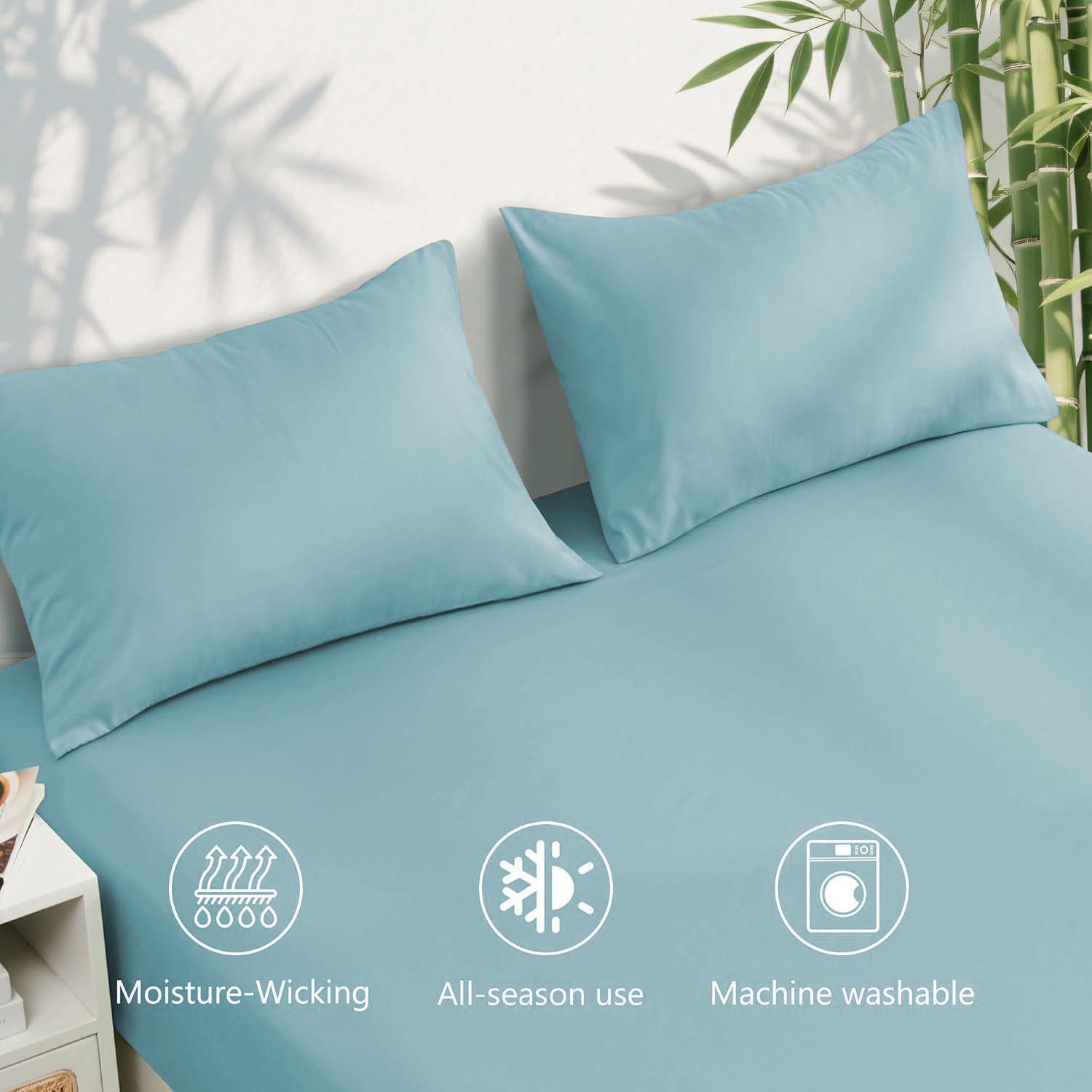 Hotel Breathable Bamboo Fitted Sheet & Pillowcase-3 Piece-Ultra Soft 2000TC Breathable Fitted Bed Sheets Set with 37 Centimetre Deep Pocket-Cooling Sheets for Hot Sleepers(Sky Blue,Queen)