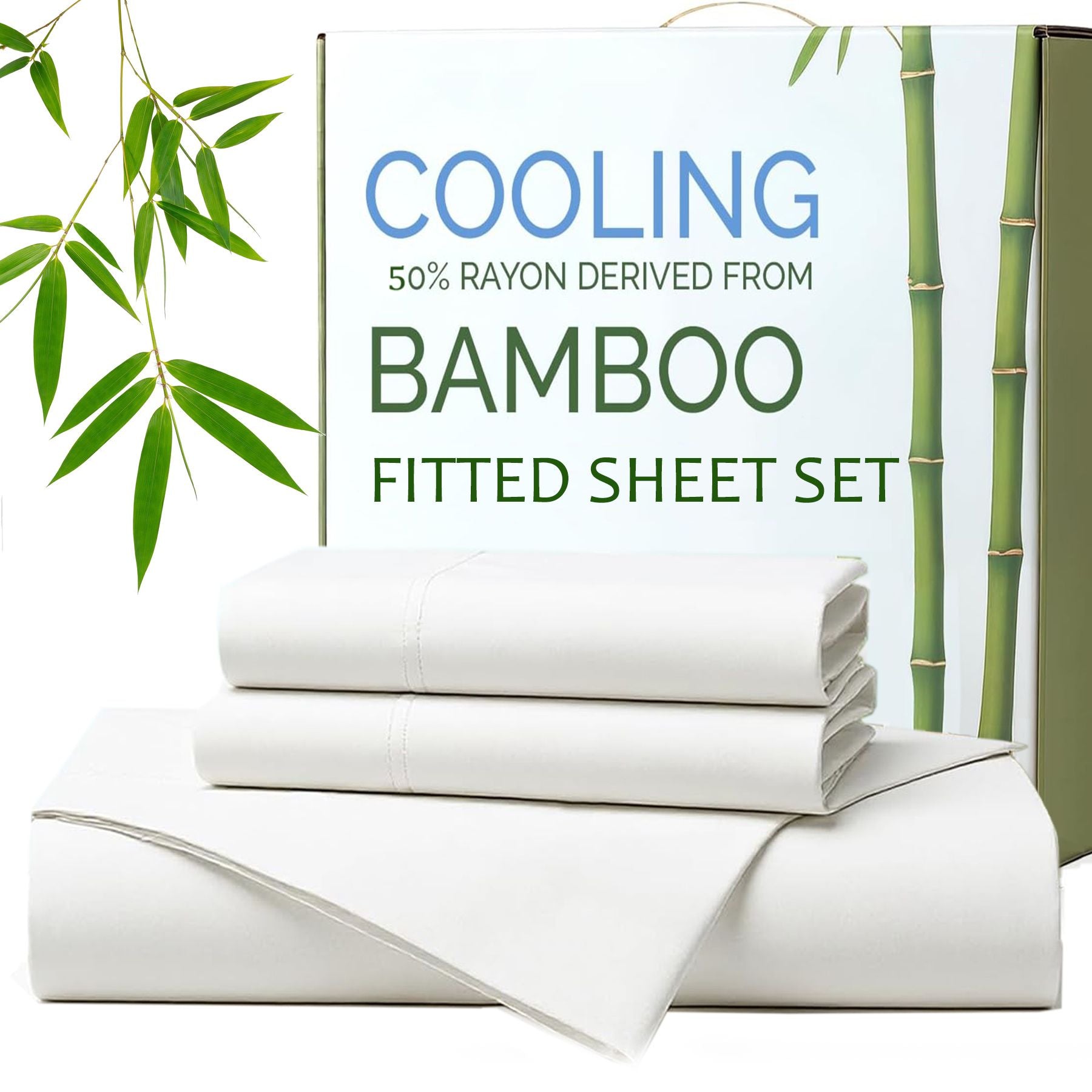 Hotel Breathable Bamboo Fitted Sheet & Pillowcase-3 Piece-Ultra Soft 2000TC Breathable Fitted Bed Sheets Set with 37 Centimetre Deep Pocket-Cooling Sheets for Hot Sleepers(White,Queen)