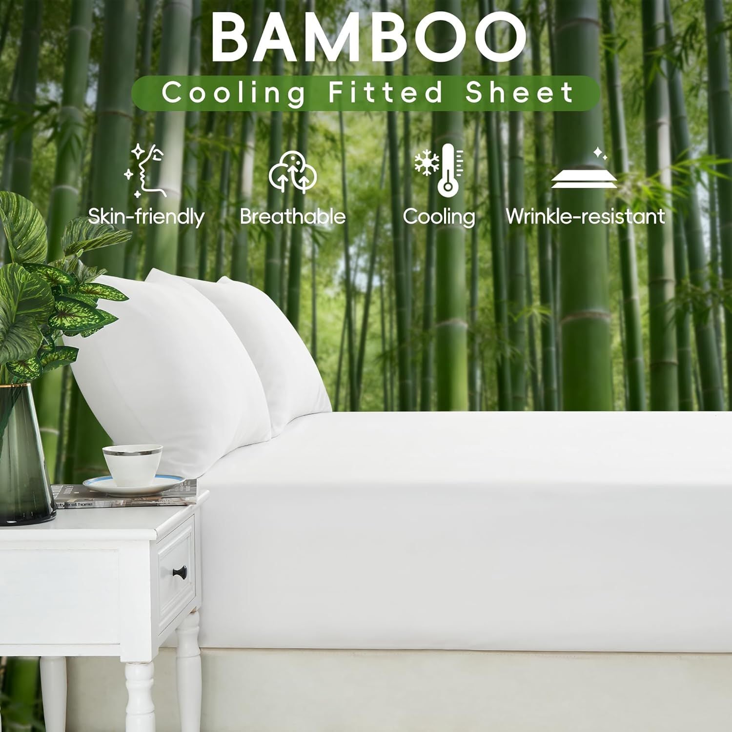 Hotel Breathable Bamboo Fitted Sheet & Pillowcase-3 Piece-Ultra Soft 2000TC Breathable Fitted Bed Sheets Set with 37 Centimetre Deep Pocket-Cooling Sheets for Hot Sleepers(White,Queen)