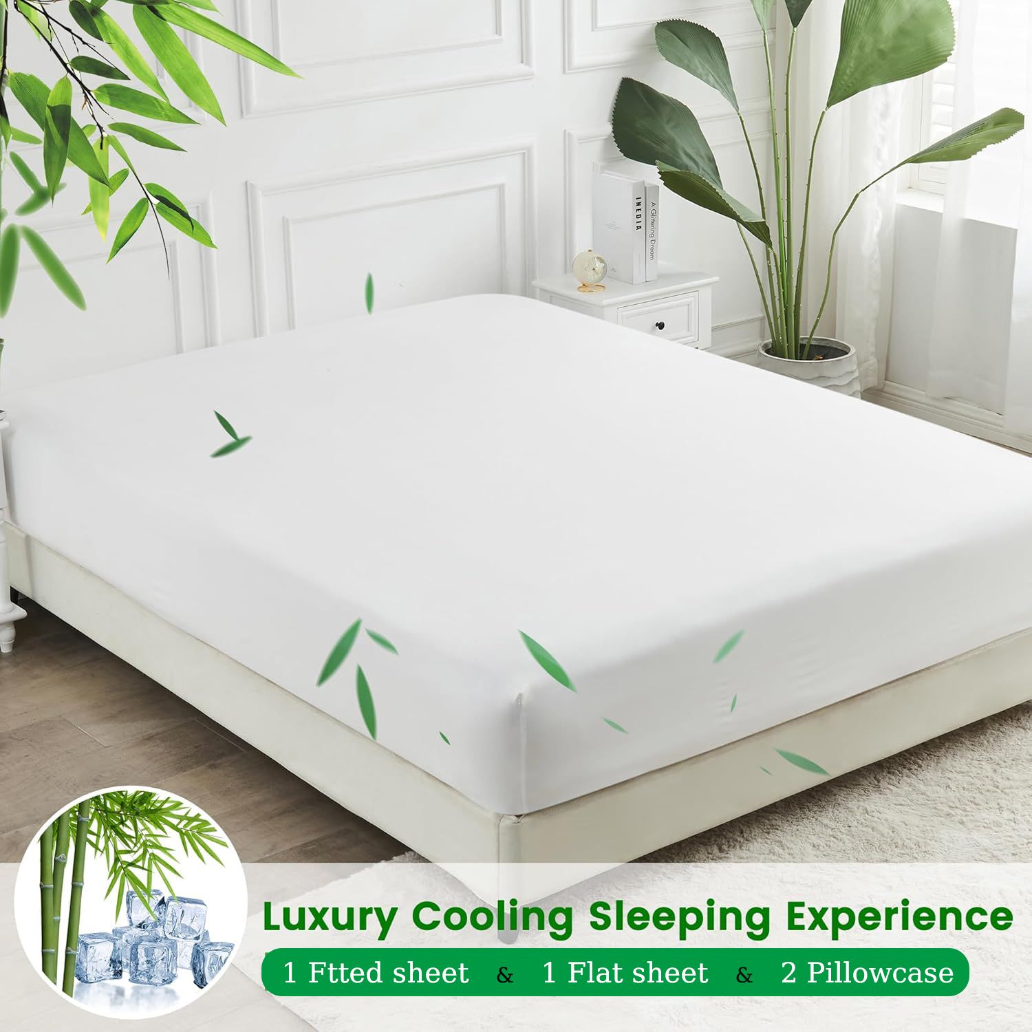 Hotel Breathable Bamboo Fitted Sheet & Pillowcase-3 Piece-Ultra Soft 2000TC Breathable Fitted Bed Sheets Set with 37 Centimetre Deep Pocket-Cooling Sheets for Hot Sleepers(White,Queen)