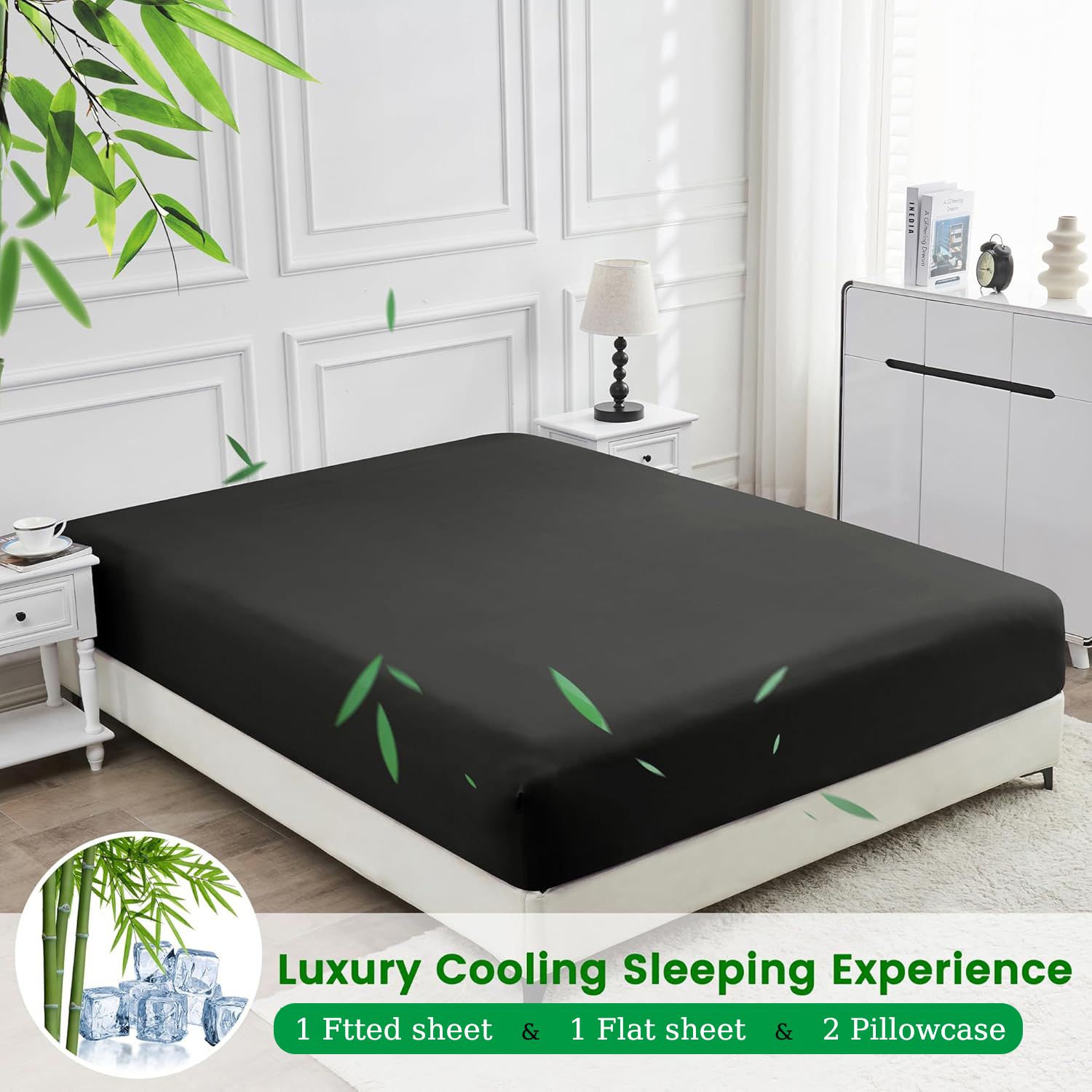4 Piece Ultra Soft Bamboo Breathable Sheet Set -Hotel 2000TC Breathable Bed Sheets Set with 37 Centimetre Deep Pocket-Breathable Sheets for Hot Sleepers(Black,Queen)