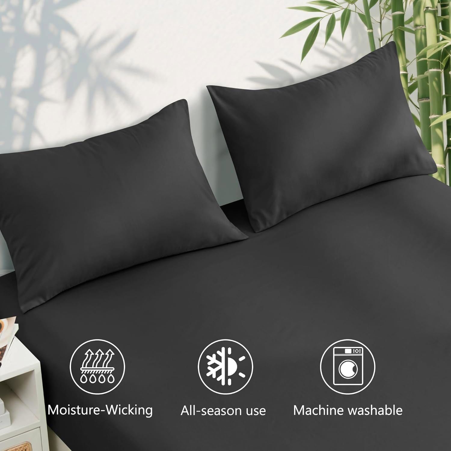 4 Piece Ultra Soft Bamboo Breathable Sheet Set -Hotel 2000TC Breathable Bed Sheets Set with 37 Centimetre Deep Pocket-Breathable Sheets for Hot Sleepers(Black,Queen)