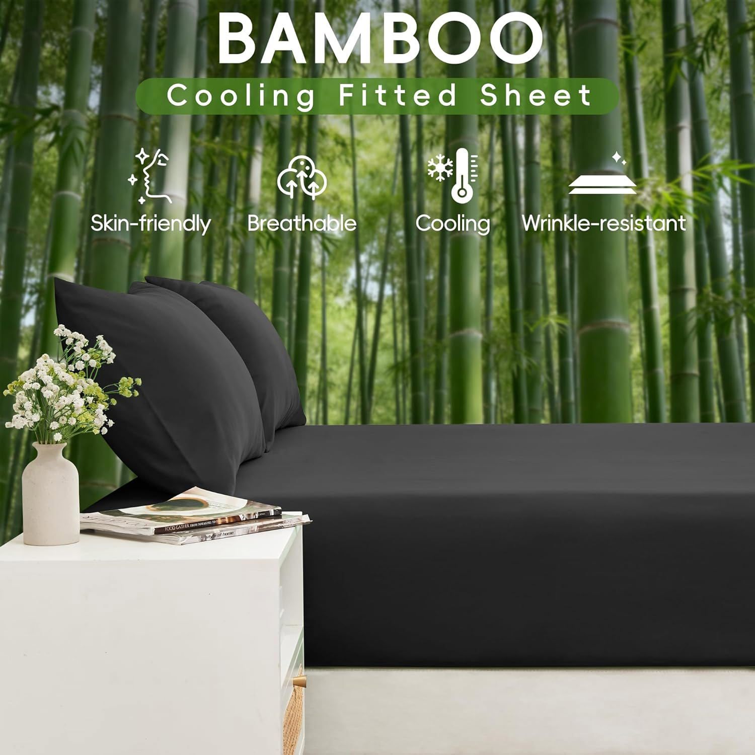 3 Piece Ultra Soft Bamboo Breathable Sheet Set -Hotel 2000TC Breathable Bed Sheets Set with 37 Centimetre Deep Pocket-Breathable Sheets for Hot Sleepers(Black,Single)