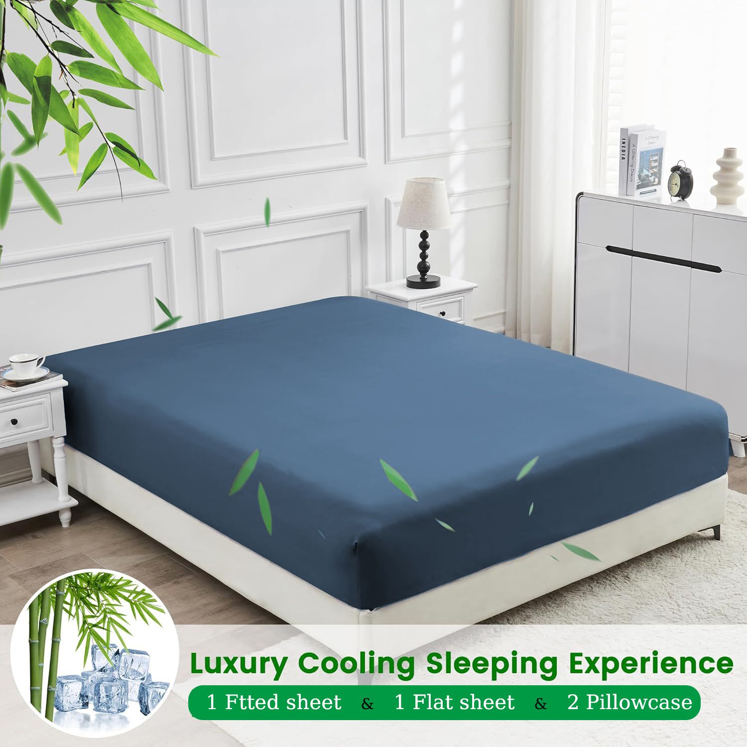 3 Piece Ultra Soft Bamboo Breathable Sheet Set -Hotel 2000TC Breathable Bed Sheets Set with 37 Centimetre Deep Pocket-Breathable Sheets for Hot Sleepers(Navy,Single)