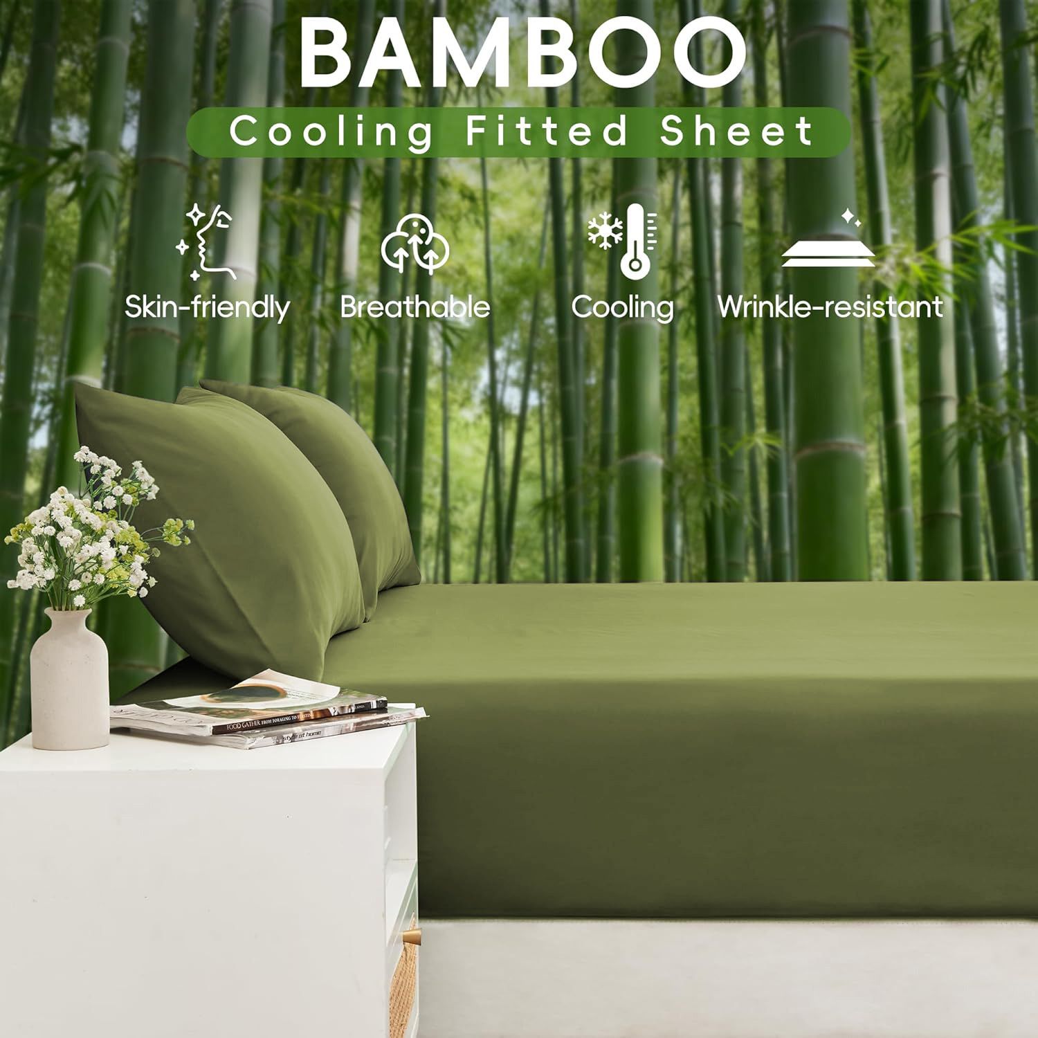 3 Piece Ultra Soft Bamboo Breathable Sheet Set -Hotel 2000TC Breathable Bed Sheets Set with 37 Centimetre Deep Pocket-Breathable Sheets for Hot Sleepers(Olive green,Single)