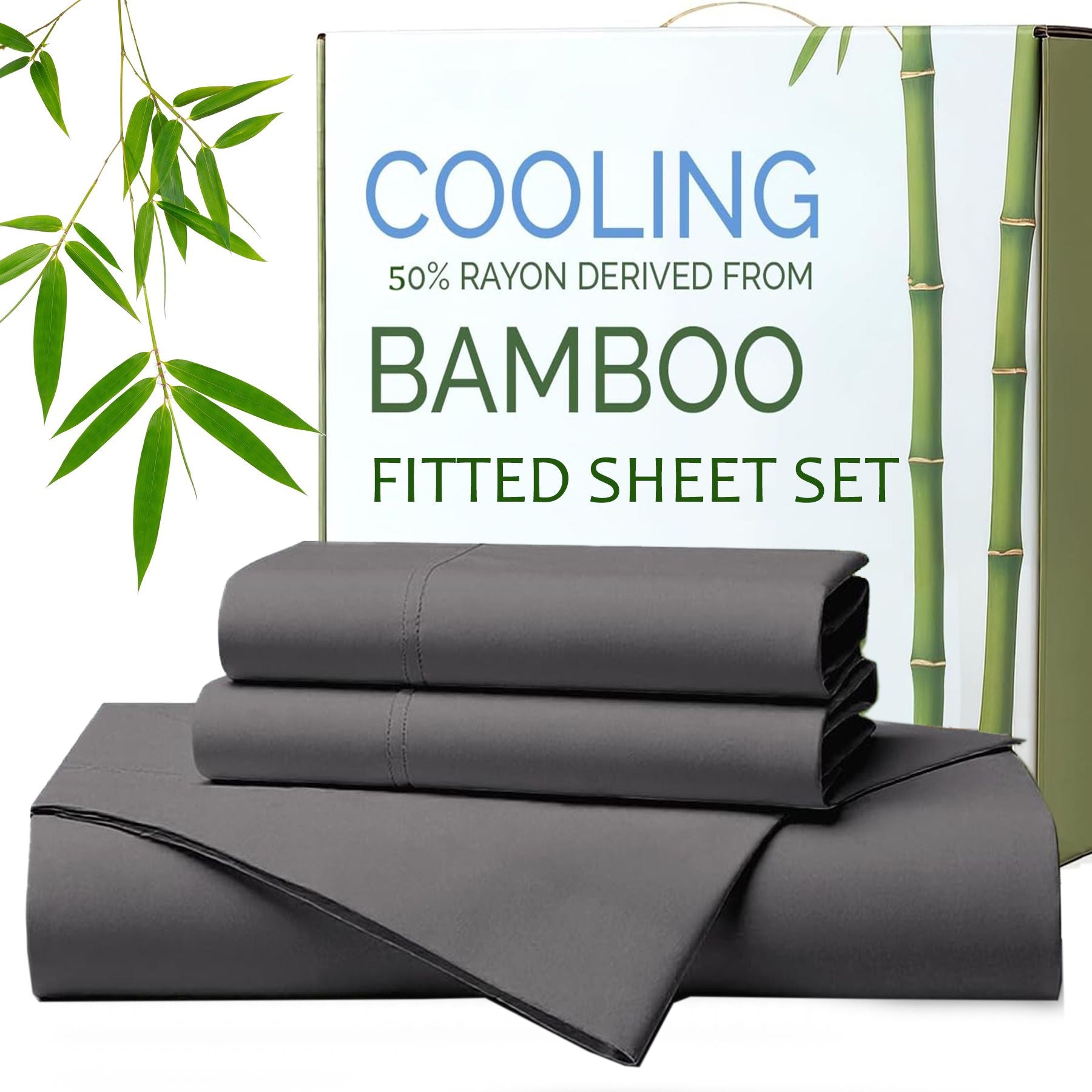 Hotel Breathable Bamboo Fitted Sheet & Pillowcase-3 Piece-Ultra Soft 2000TC Breathable Fitted Bed Sheets Set with 40 Centimetre Deep Pocket-Cooling Sheets for Hot Sleepers(Grey,Super King)