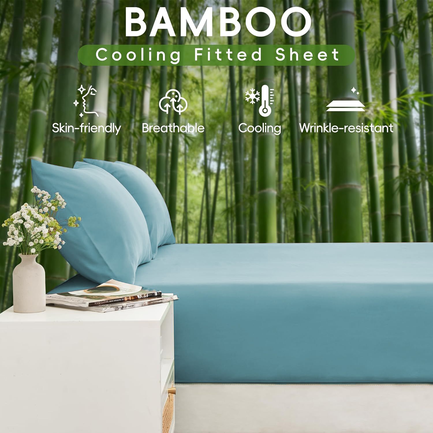 Hotel Breathable Bamboo Fitted Sheet & Pillowcase-3 Piece-Ultra Soft 2000TC Breathable Fitted Bed Sheets Set with 40 Centimetre Deep Pocket-Cooling Sheets for Hot Sleepers(Sky Blue,Super King)