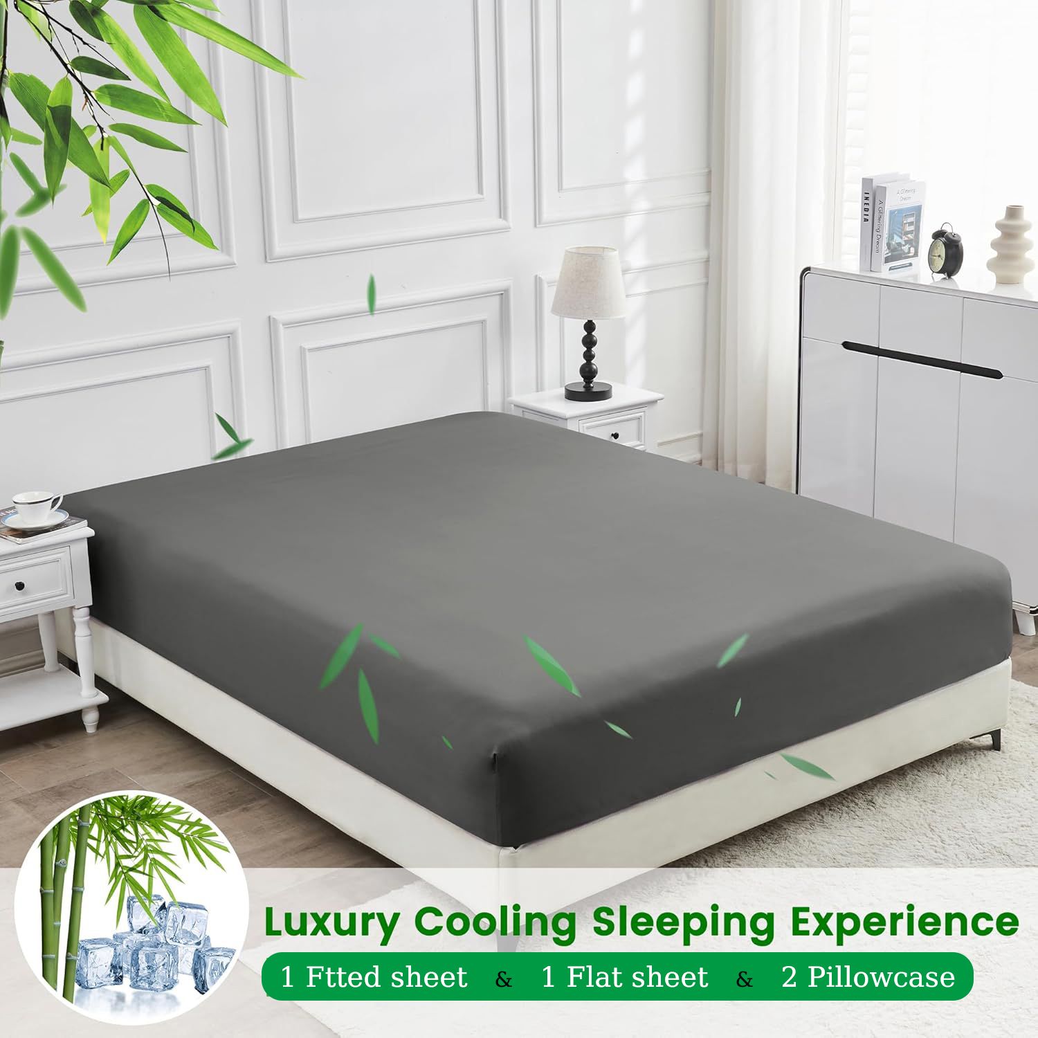 4 Piece Ultra Soft Bamboo Breathable Sheet Set -Hotel 2000TC Breathable Bed Sheets Set with 40 Centimetre Deep Pocket-Breathable Sheets for Hot Sleepers(Grey,Super King)