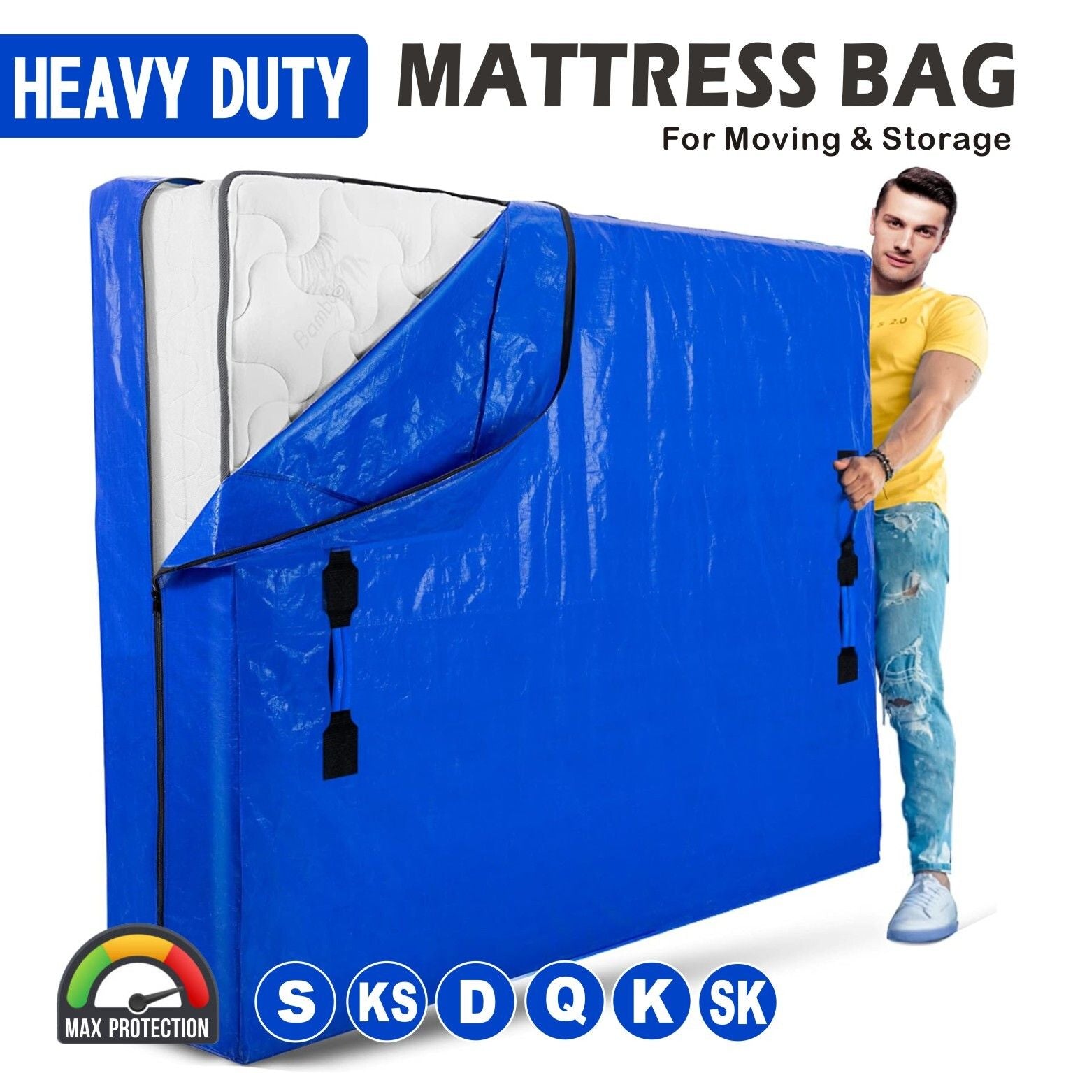 Mattress Bag Mattresses Protector Plastic Moving Storage Dust Cover Carry Bed Waterproof Zipper Packing Reusable Disposal, Extra Thick Heavy Duty, with Handles(Queen）