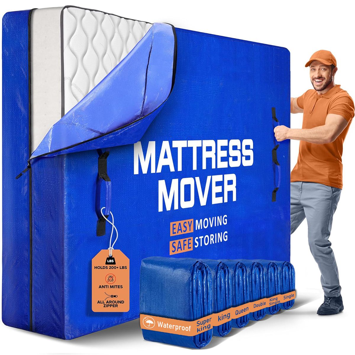 Waterproof Mattress Bag Mattresses Protector Plastic Moving Storage Dust Cover Carry Bed Zipper Packing Reusable Disposal, Extra Thick Heavy Duty, with 8 Handles(Double)