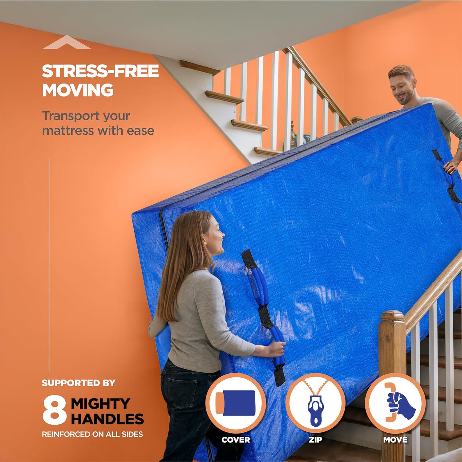 Waterproof Mattress Bag Mattresses Protector Plastic Moving Storage Dust Cover Carry Bed Zipper Packing Reusable Disposal, Extra Thick Heavy Duty, with 8 Handles(Double)