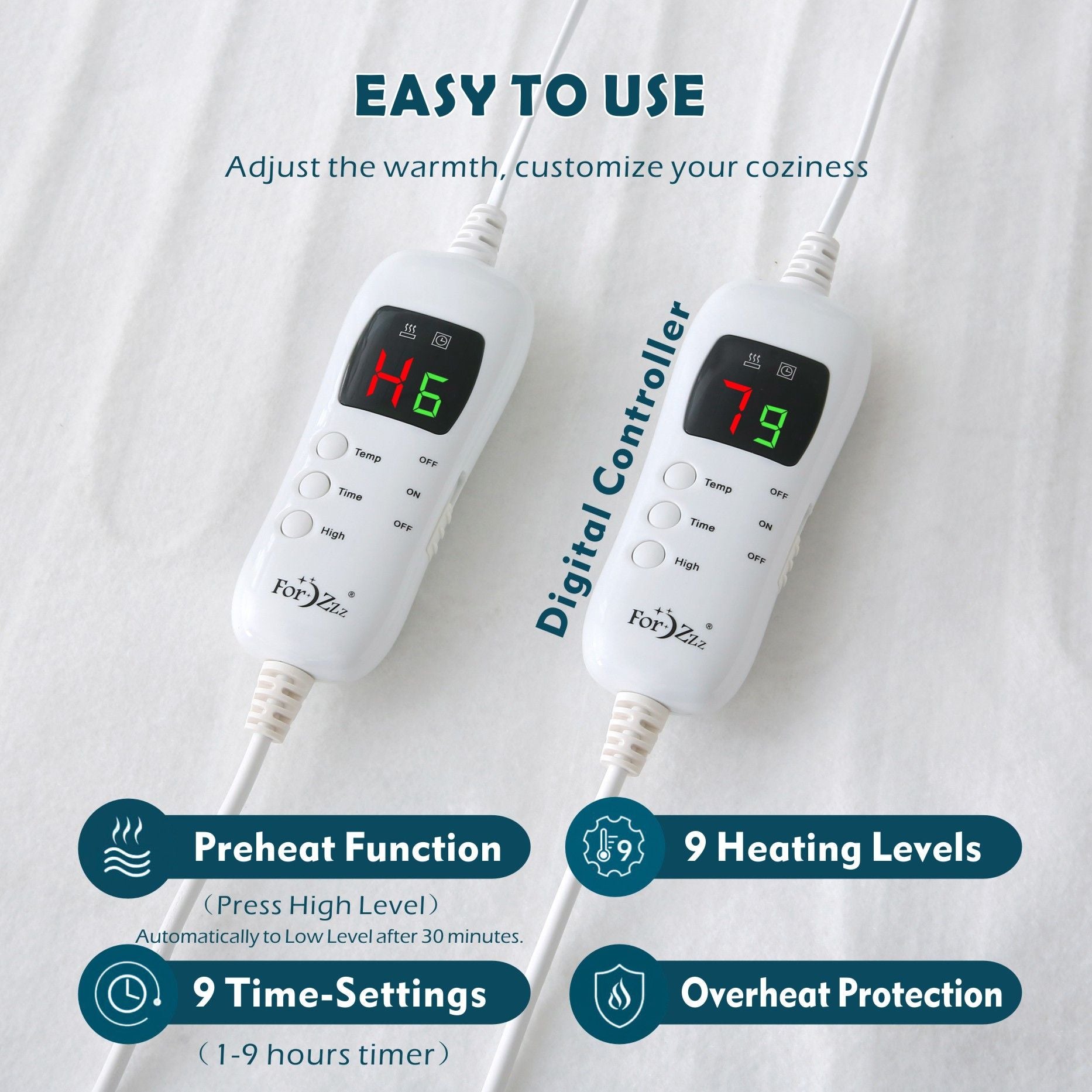 Electric Heated Mattress Pad Blanket with Dual Control & 9-Hour Auto Off & 9 Heat Settings, Preheat Functions, Overheat Protection, Machine Washable Fully Fitted Electric Sheet((Double)