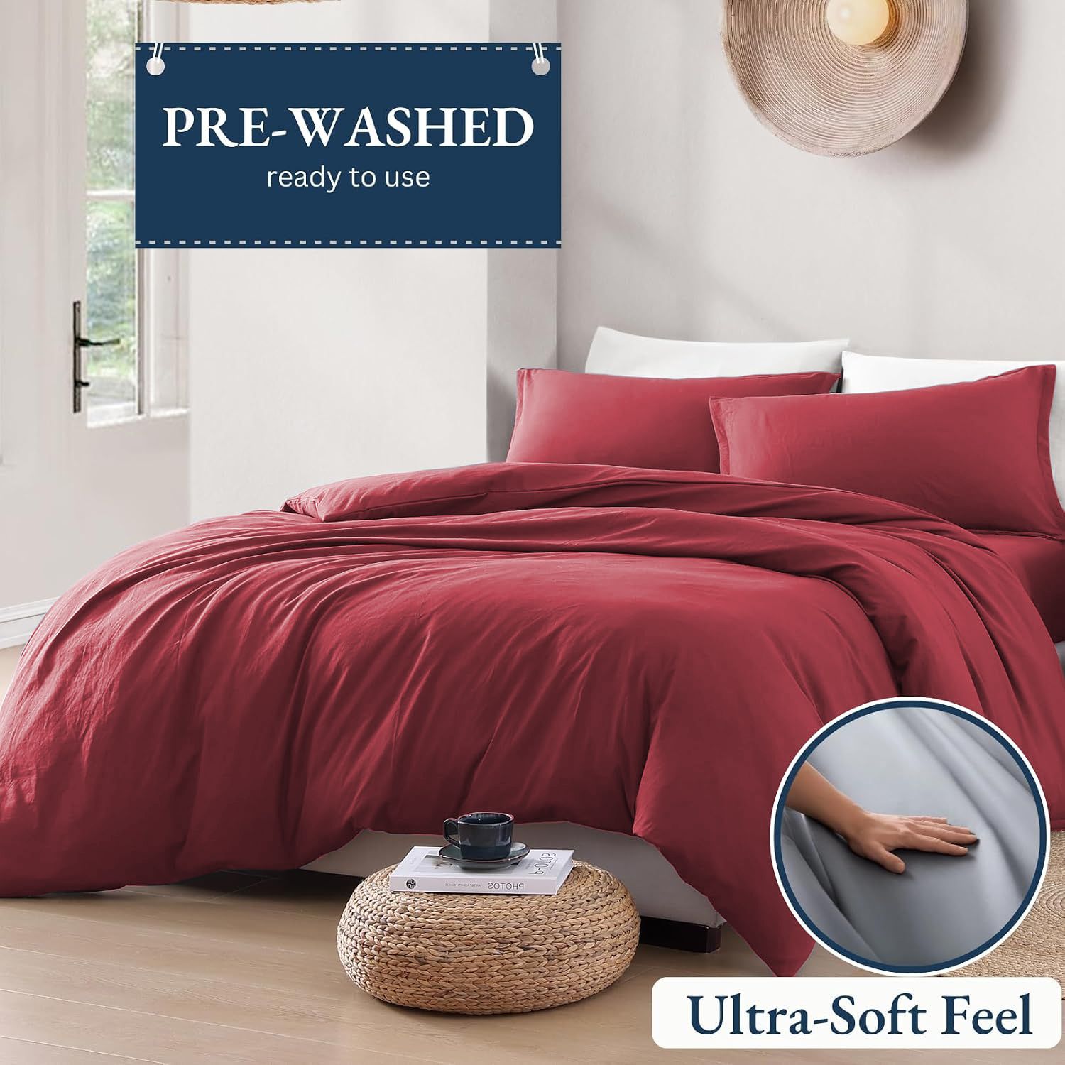 Hotel Soft Microfiber Duvet Cover Set-2000TC Quilt Cover Set & Pillowcases -1 Donna Cover Zipper Closure & 1 x Pillowcases-Breathable Bedding - Wrinkle, Fade, Stain Resistant(Red,King)